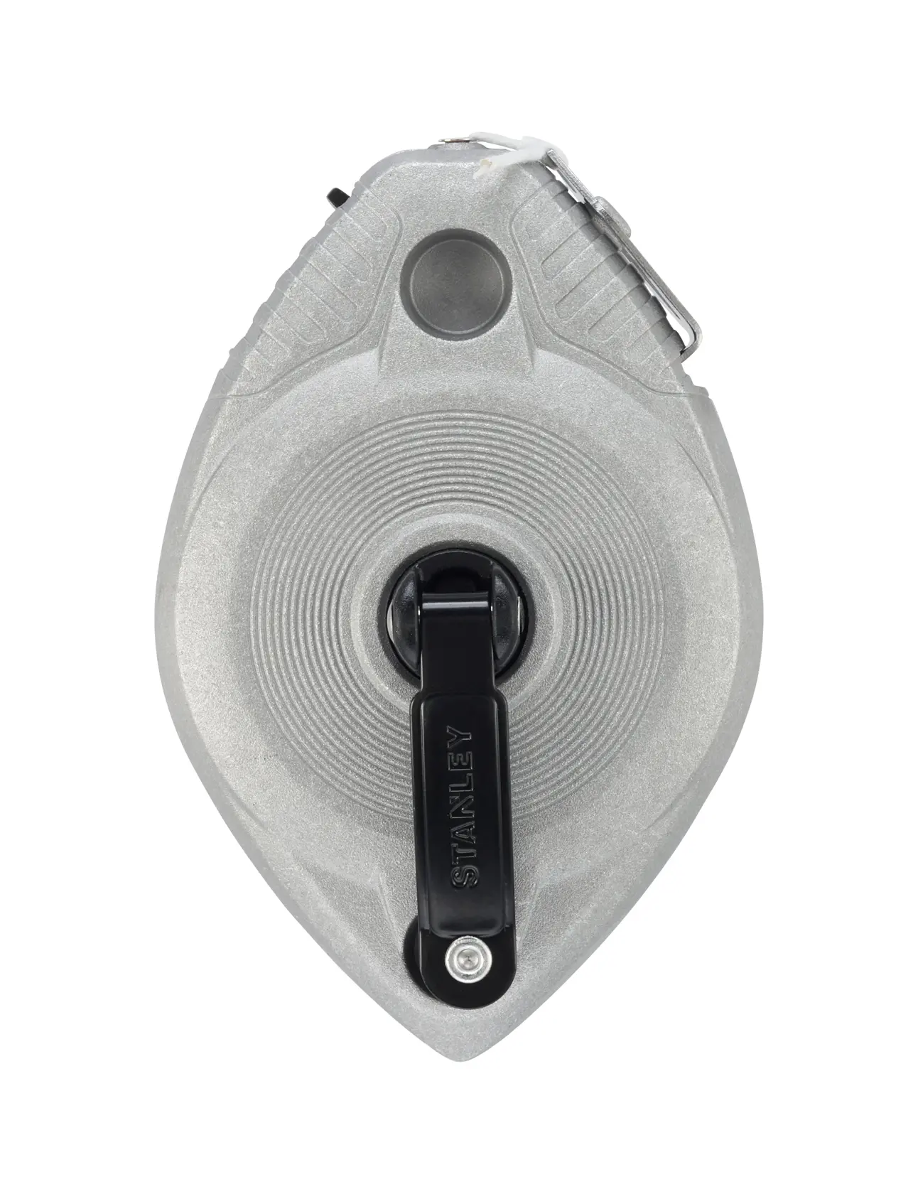 STANLEY 0-47-100 silver chalk line reel, photography of front angle on white background.