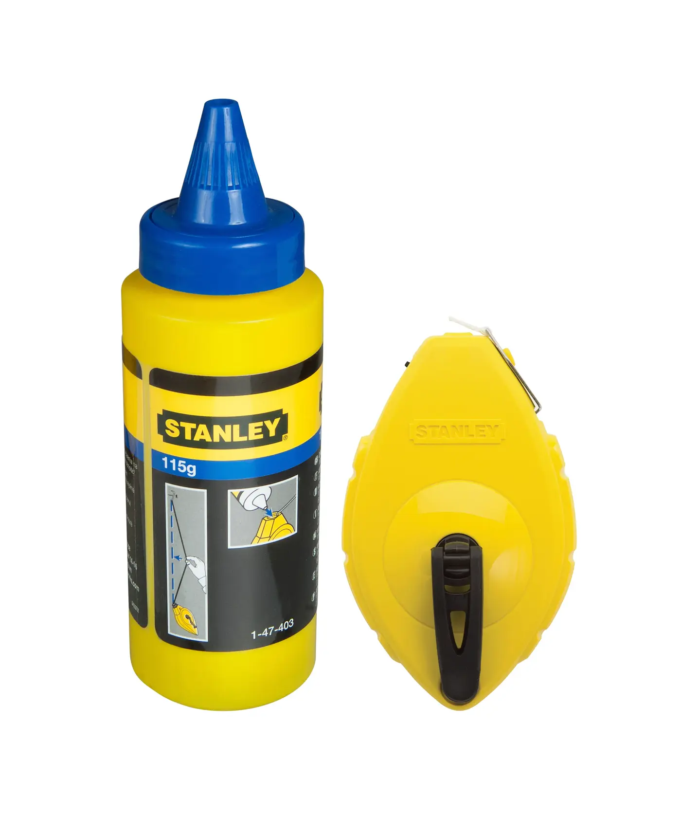 Stanley chalk line reel and chalk powder bottle, both yellow with blue accents, used for marking straight lines.
