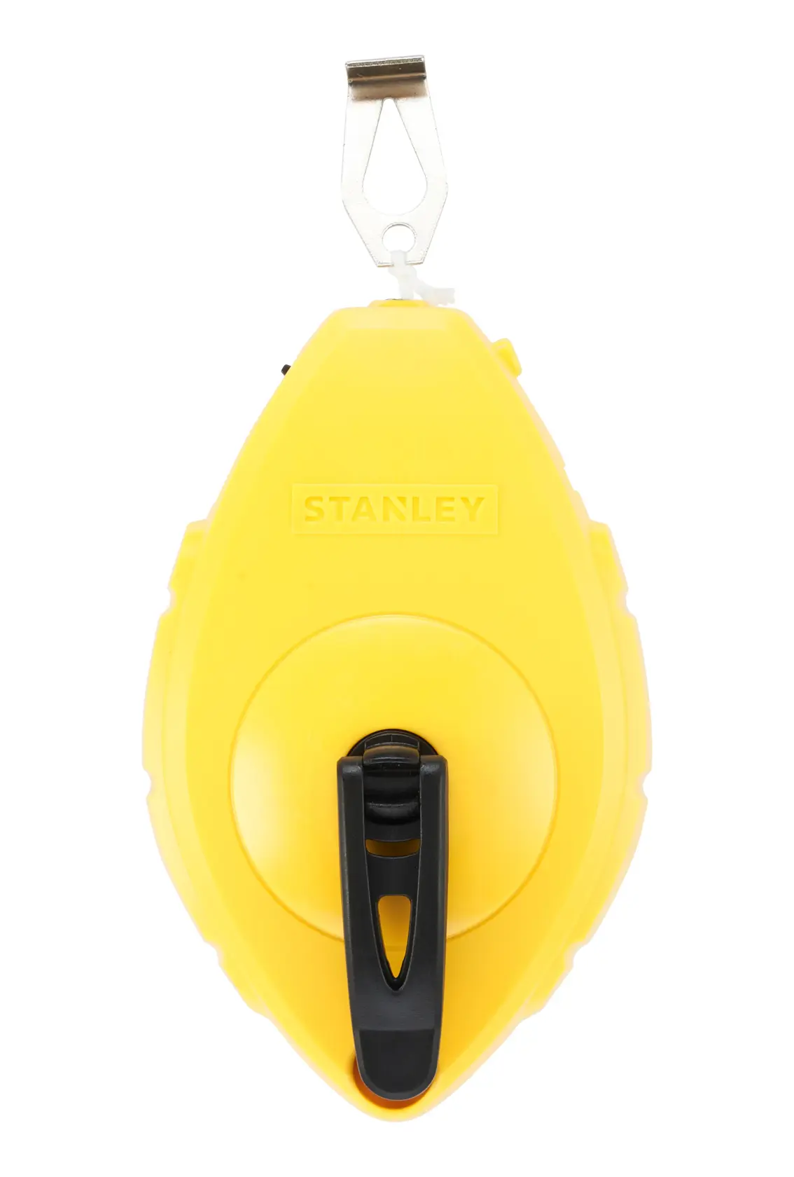 STANLEY 0-47-440 yellow chalk line reel with black handle, front view on white background.