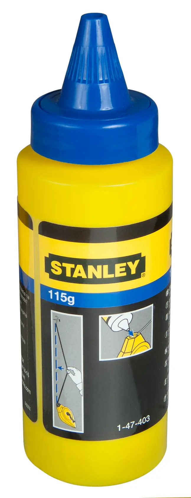 STANLEY 0-47-440 chalk powder bottle, yellow and blue plastic, front angle on white background.