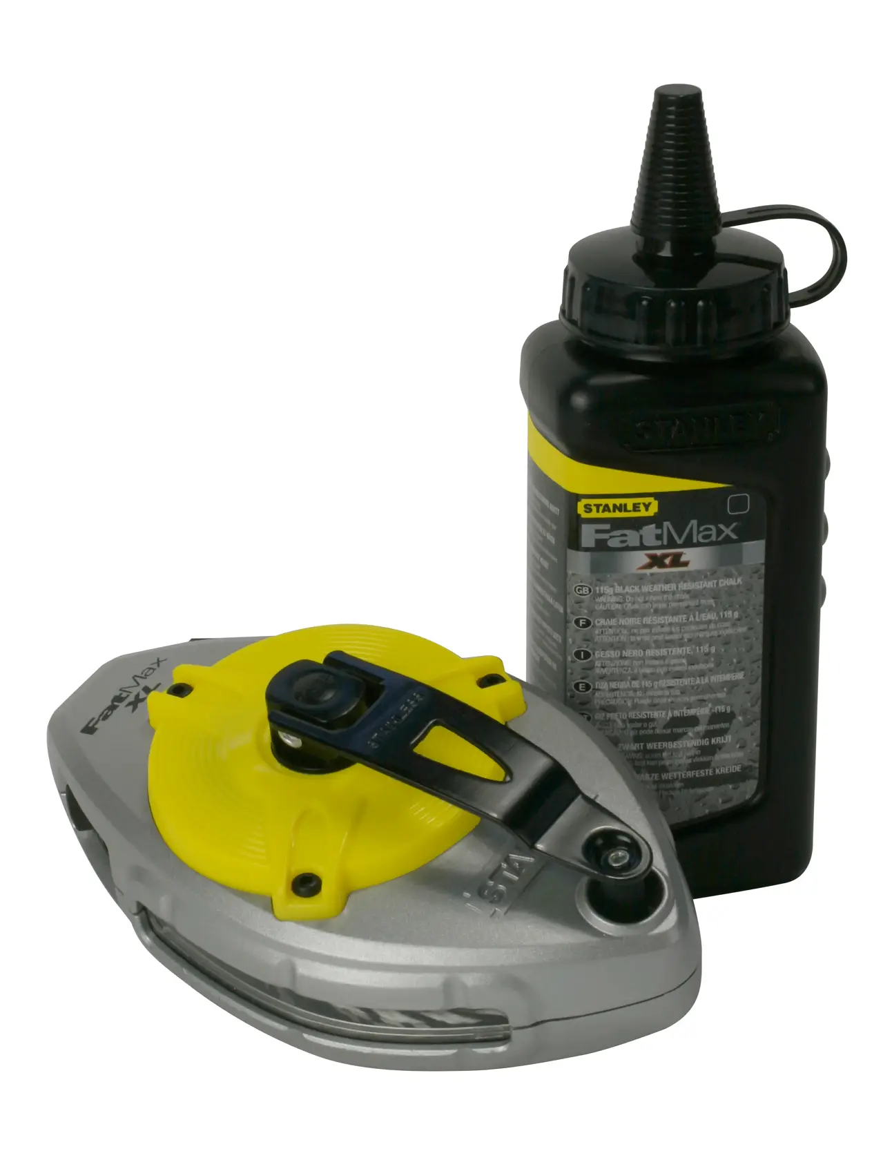 STANLEY 0-47-488 chalk line reel with silver and yellow body, plus black chalk powder bottle, front angle.