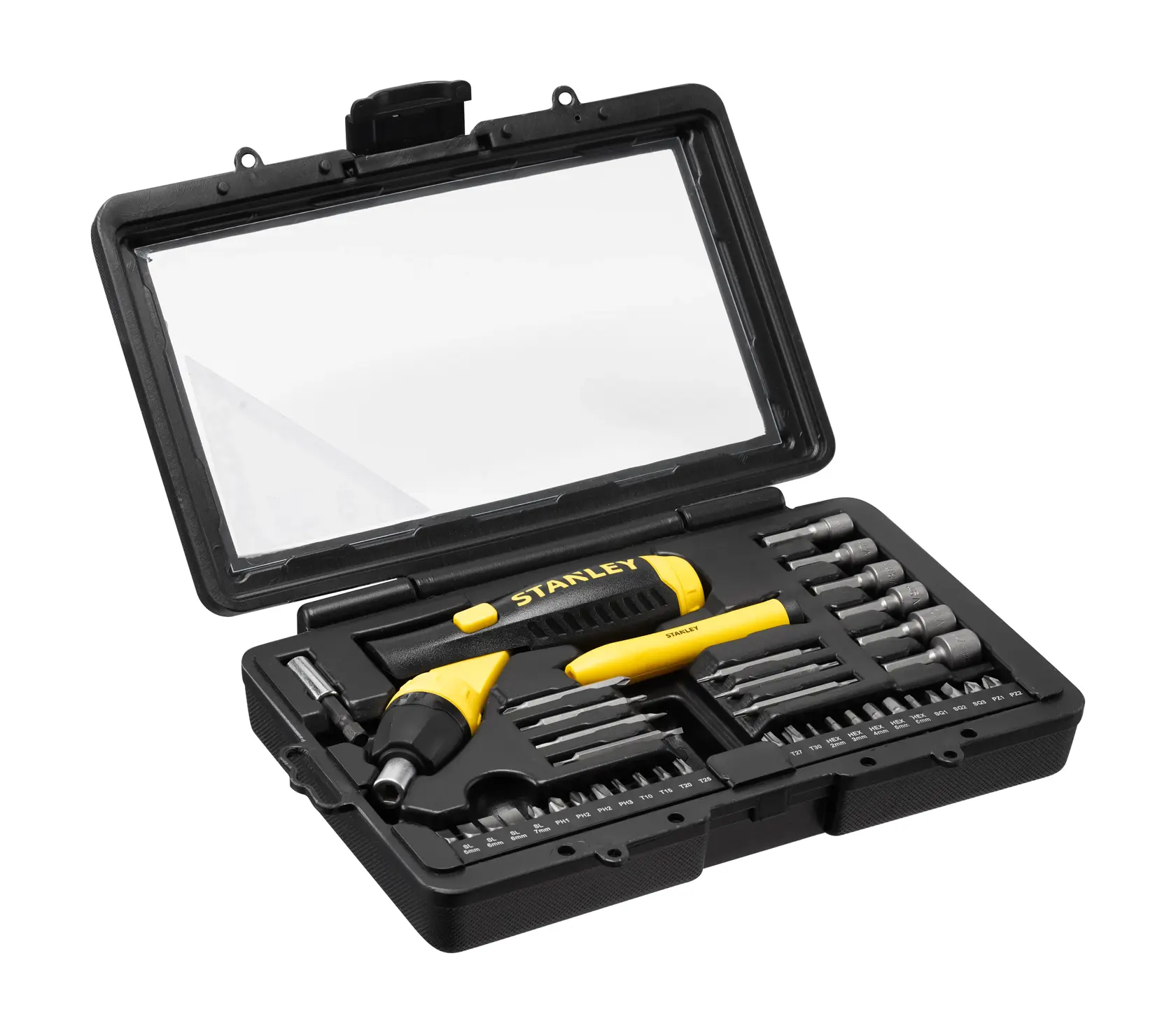 Photo of STANLEY 0-63-038 screwdriver bit set in black case, open on white background.