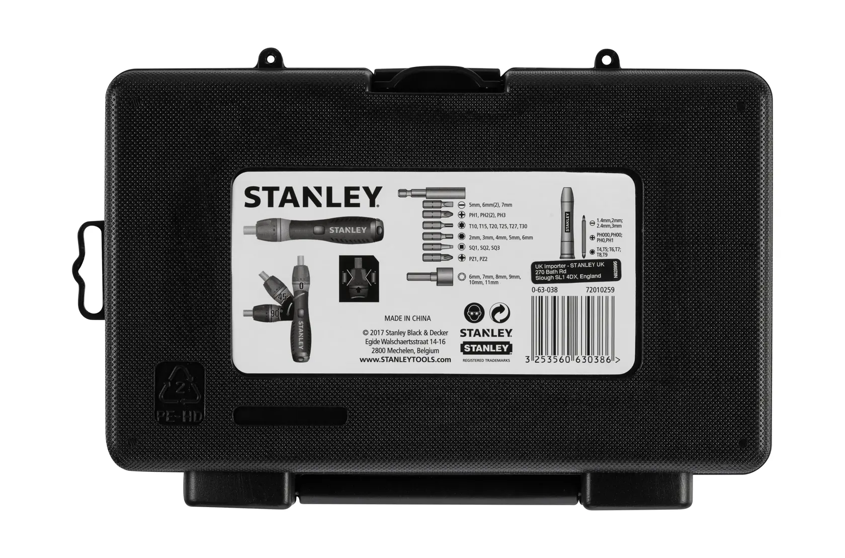 Photo of STANLEY 0-63-038 screwdriver set case, black plastic with product label and tool illustrations, rear view.