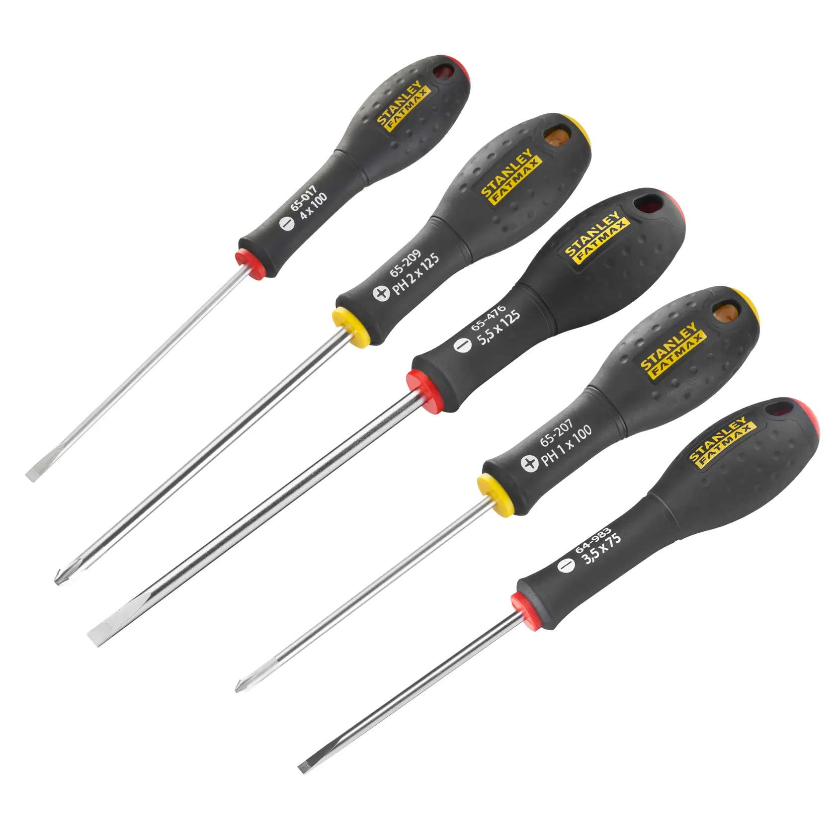 Stanley screwdriver set with five screwdrivers featuring black handles and varying blade sizes.