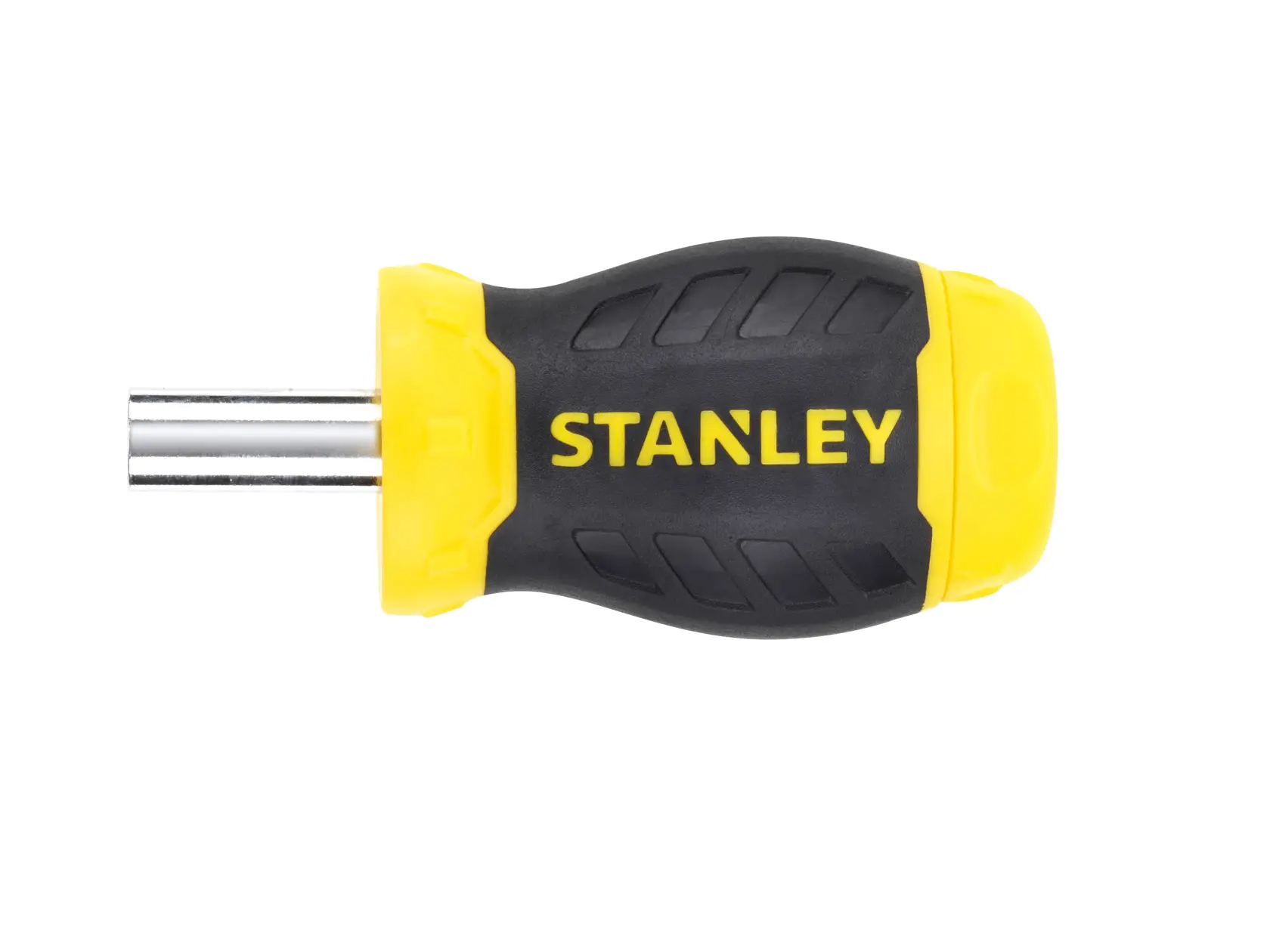 STANLEY stubby screwdriver with a black and yellow ergonomic handle, short metal shaft, photographed on white background.