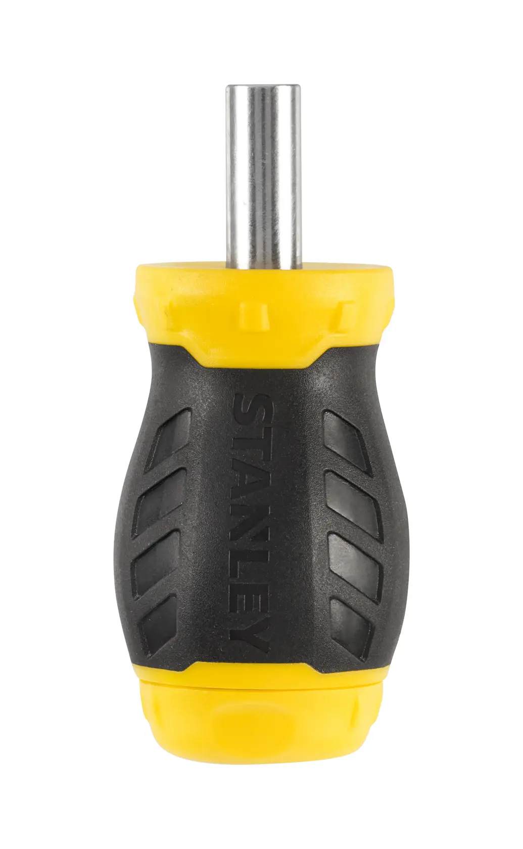 Photo of STANLEY 0-66-357 stubby screwdriver with black and yellow handle, front angle, white background.
