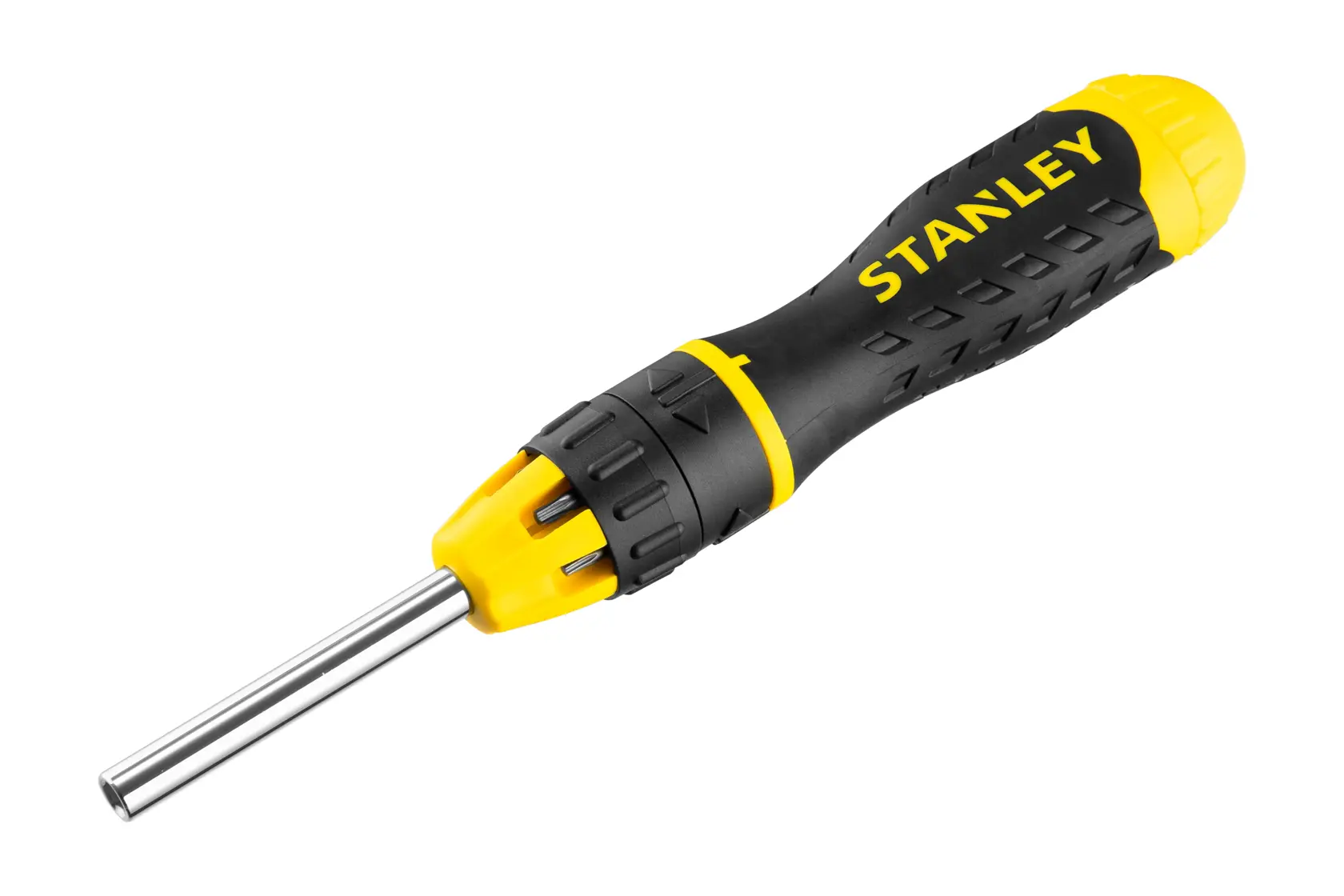 STANLEY 0-68-010 screwdriver with black and yellow ergonomic handle, front angle on white background.