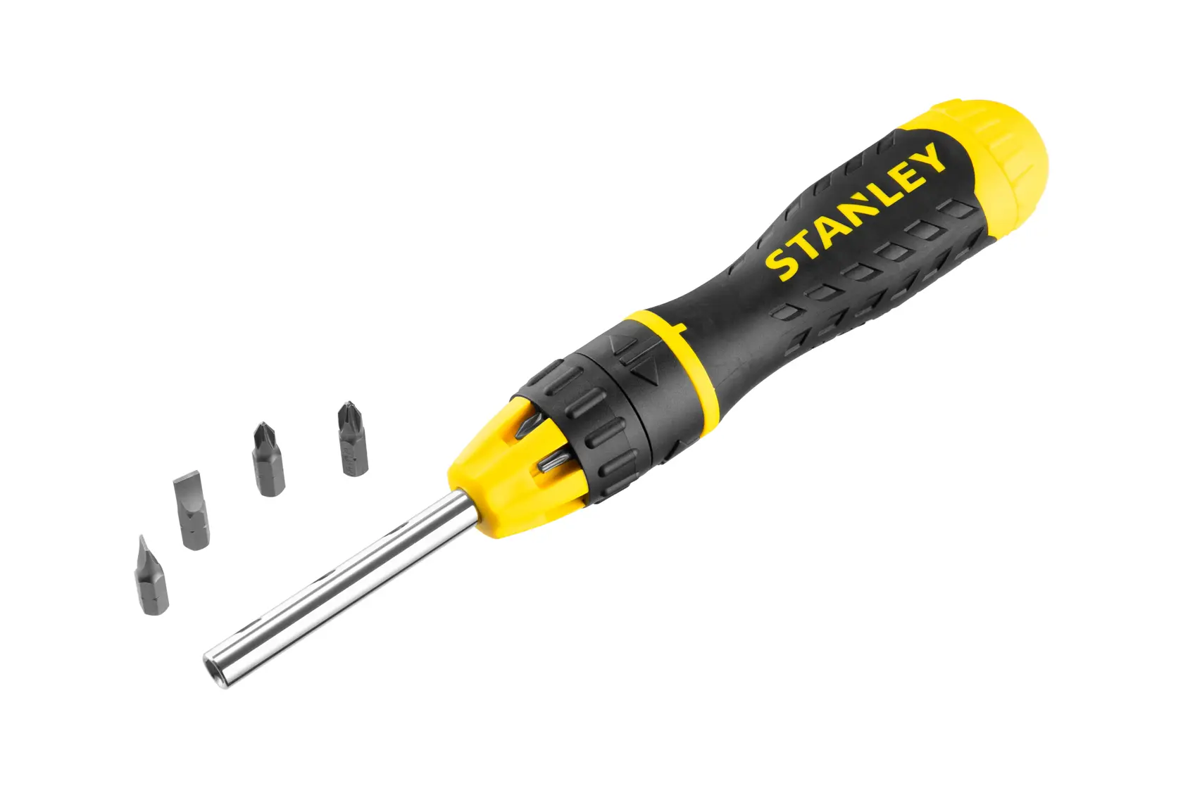 STANLEY 0-68-010 multi-bit screwdriver with black and yellow handle, five interchangeable bits, front angle.
