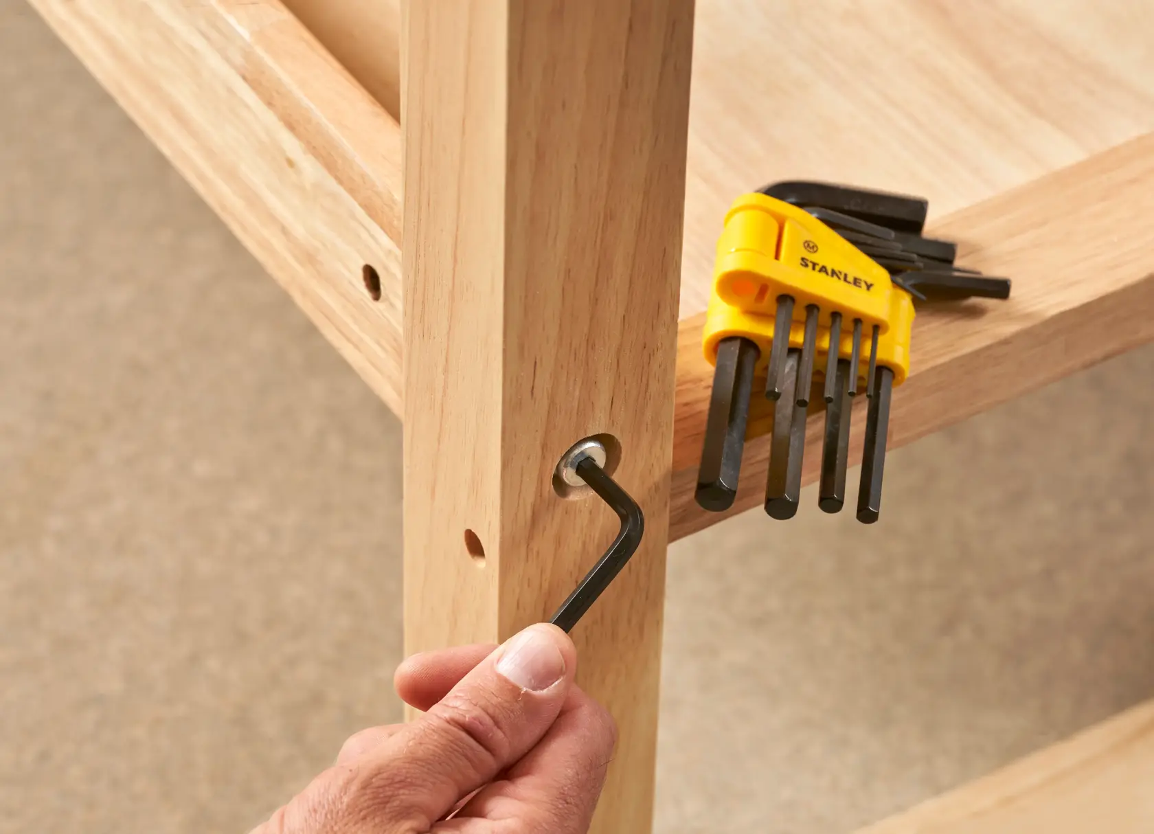 STANLEY 0-69-253 hex key set, yellow holder, black keys, assembling wooden furniture, side angle