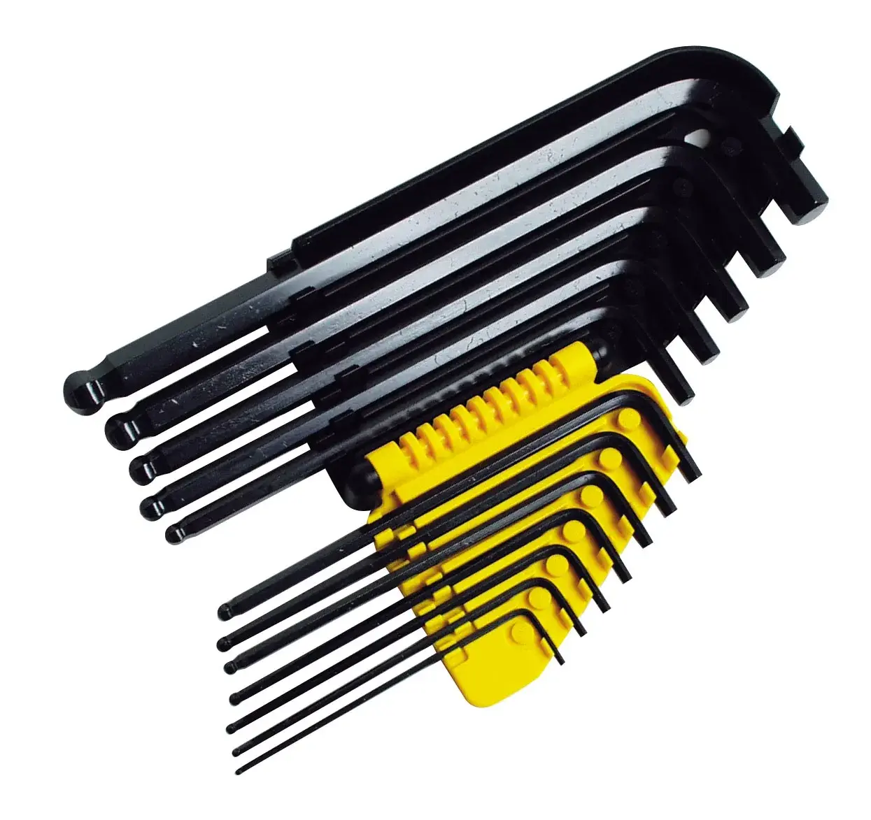 STANLEY 0-69-257 hex key set with black L-shaped wrenches and yellow holder, front angle on white background.