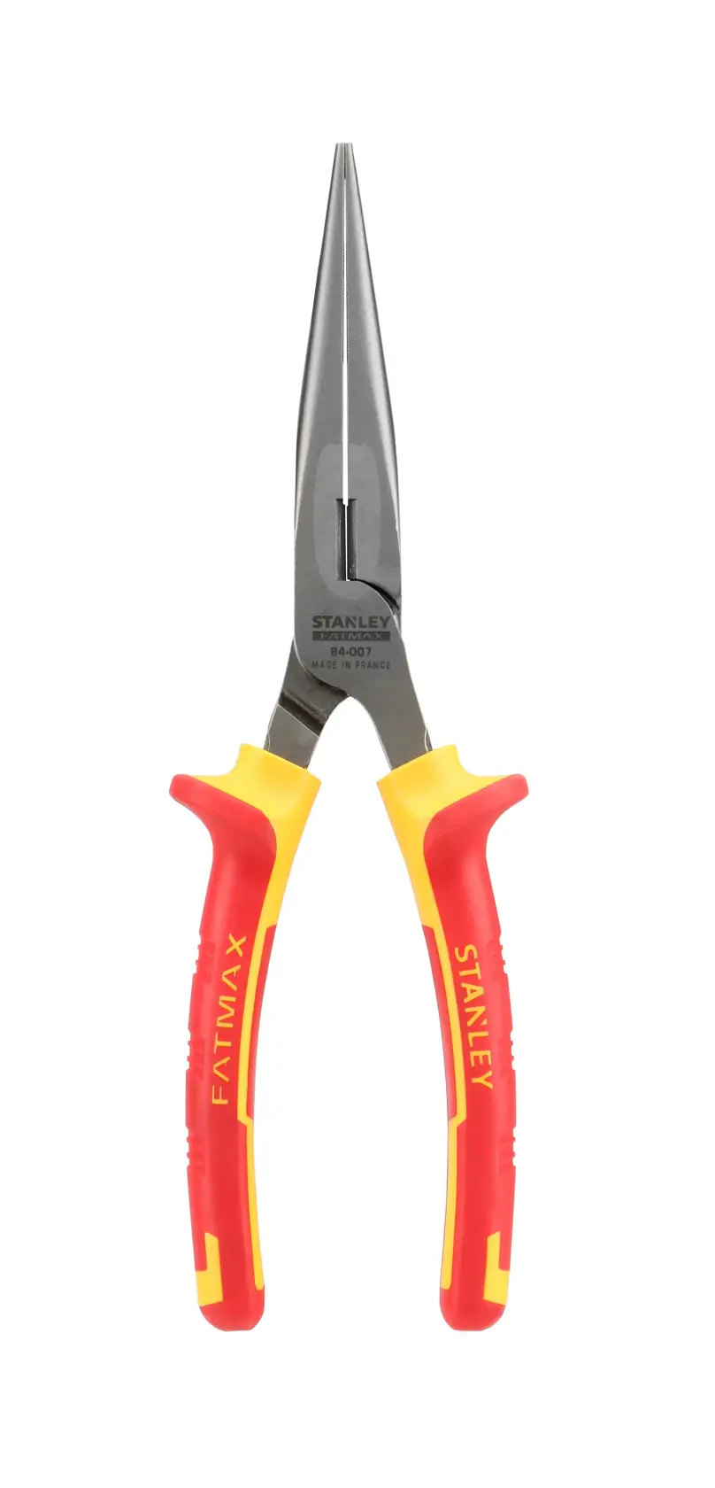 Stanley insulated long nose pliers with red and yellow handles, suitable for precise gripping and cutting.