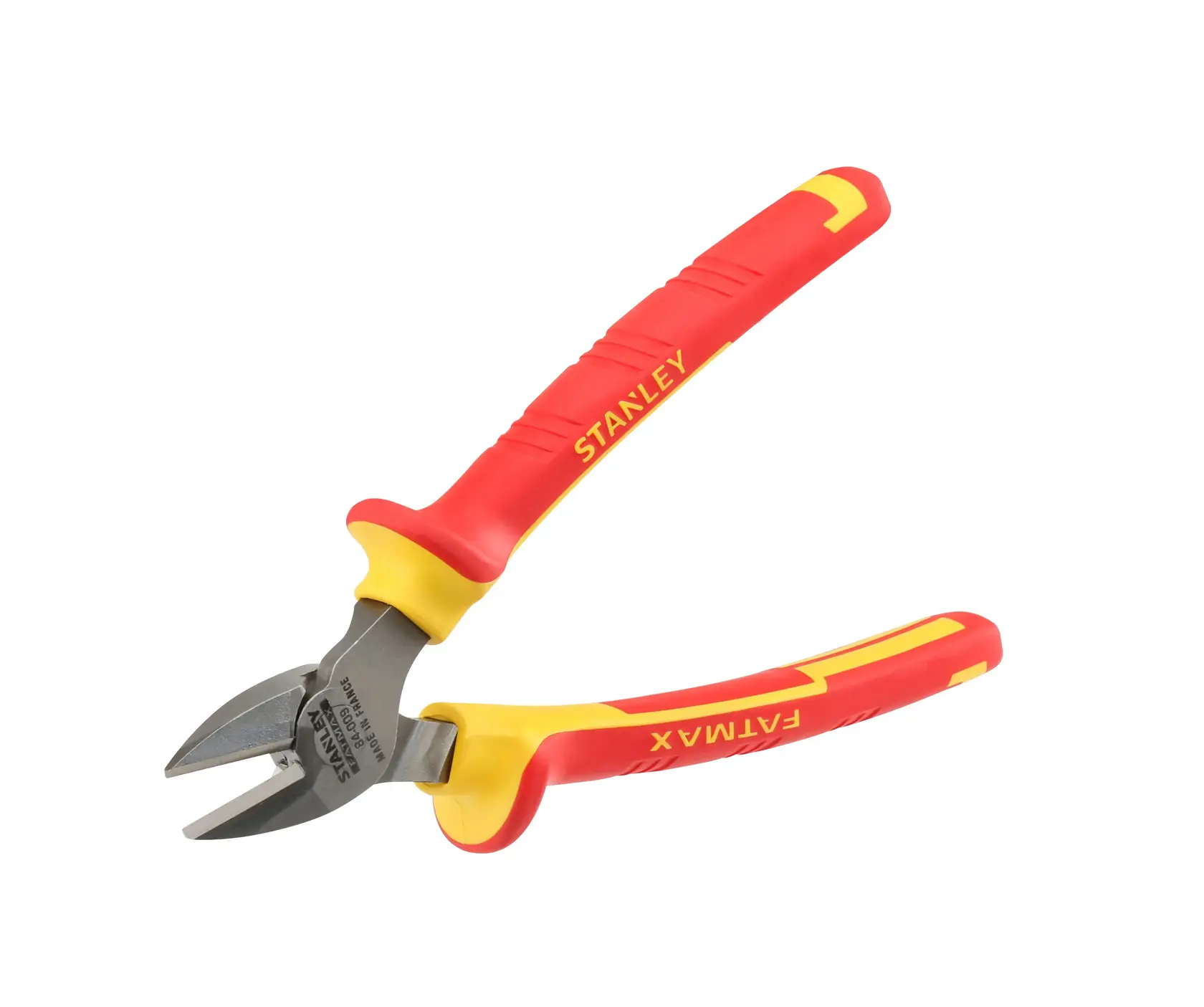 STANLEY 0-84-009 insulated diagonal cutting pliers with red and yellow handles, product side angle.