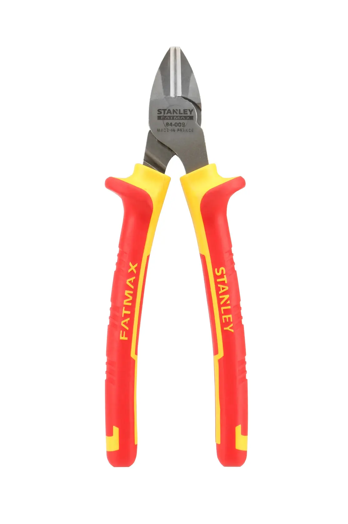 Photo of STANLEY 0-84-009 diagonal cutting pliers with red and yellow insulated handles, front angle.