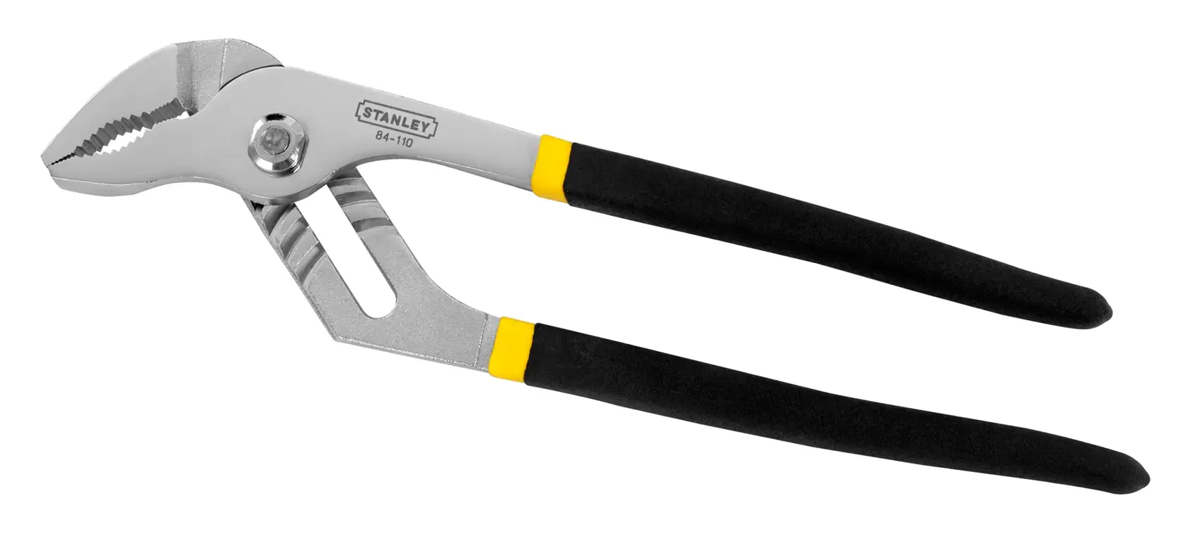 STANLEY 84-110 water pump pliers with black and yellow grips, side angle on white background.