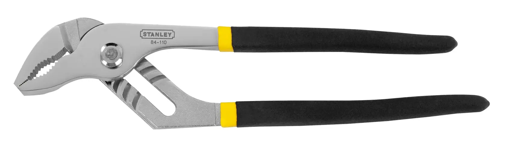 STANLEY 84-110 adjustable groove joint pliers with black handles, side view on white background.