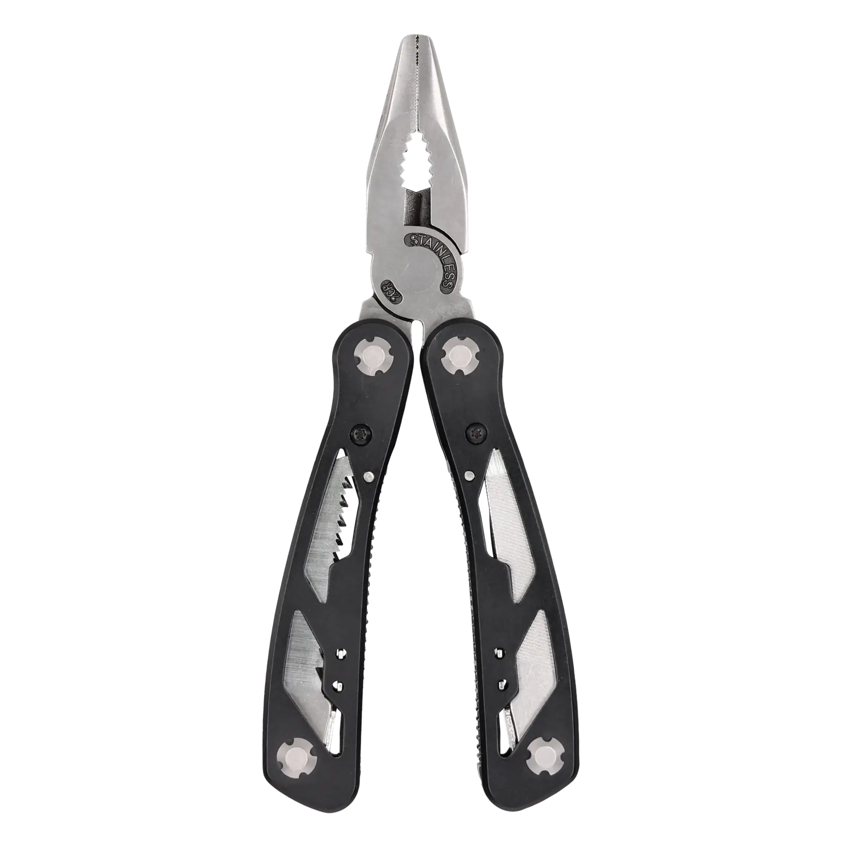 STANLEY 0-84-519 multi-tool with pliers, knife, file, and open tools, silver, studio front view.