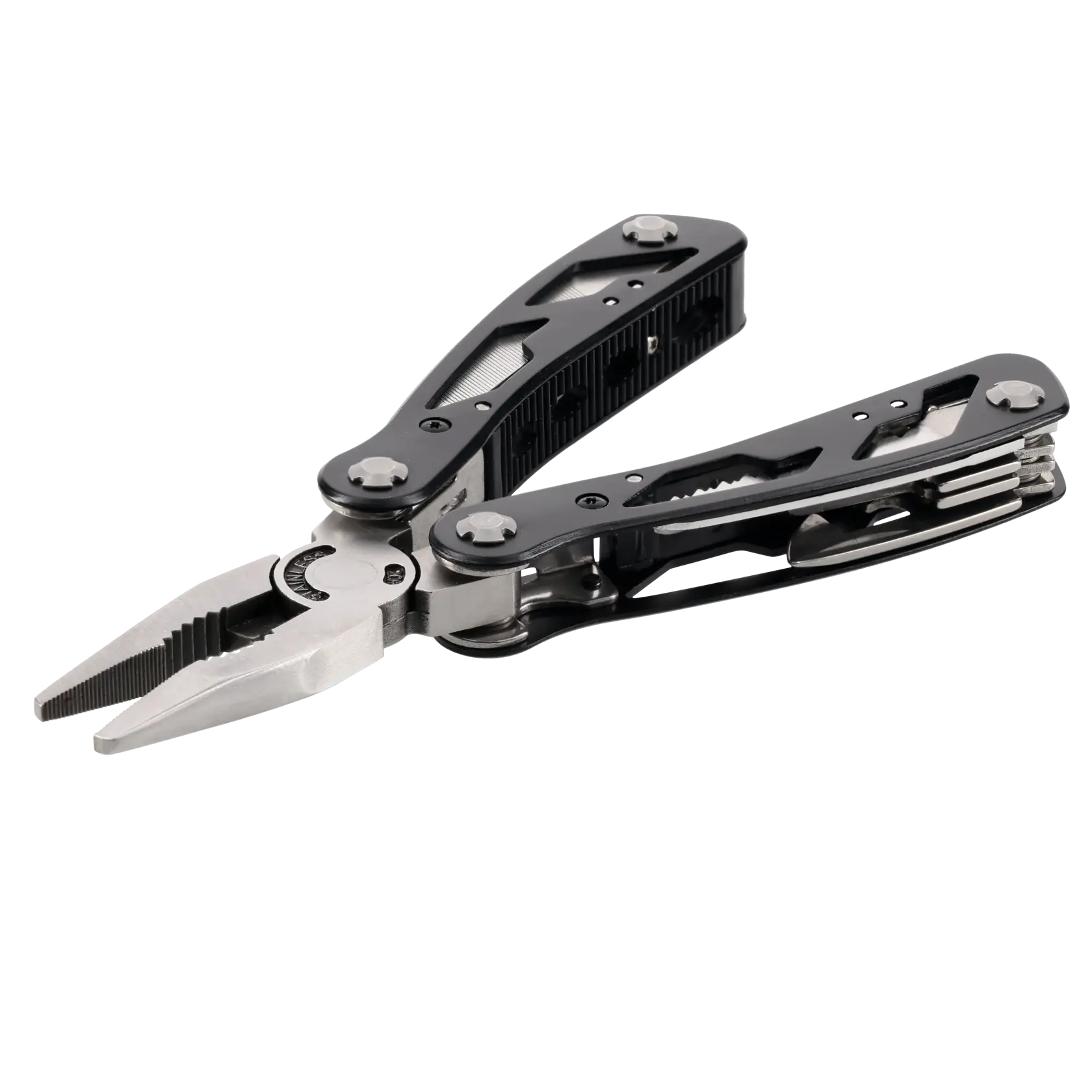 Stanley multitool with open pliers and various integrated tools, black handles, angled on white background.