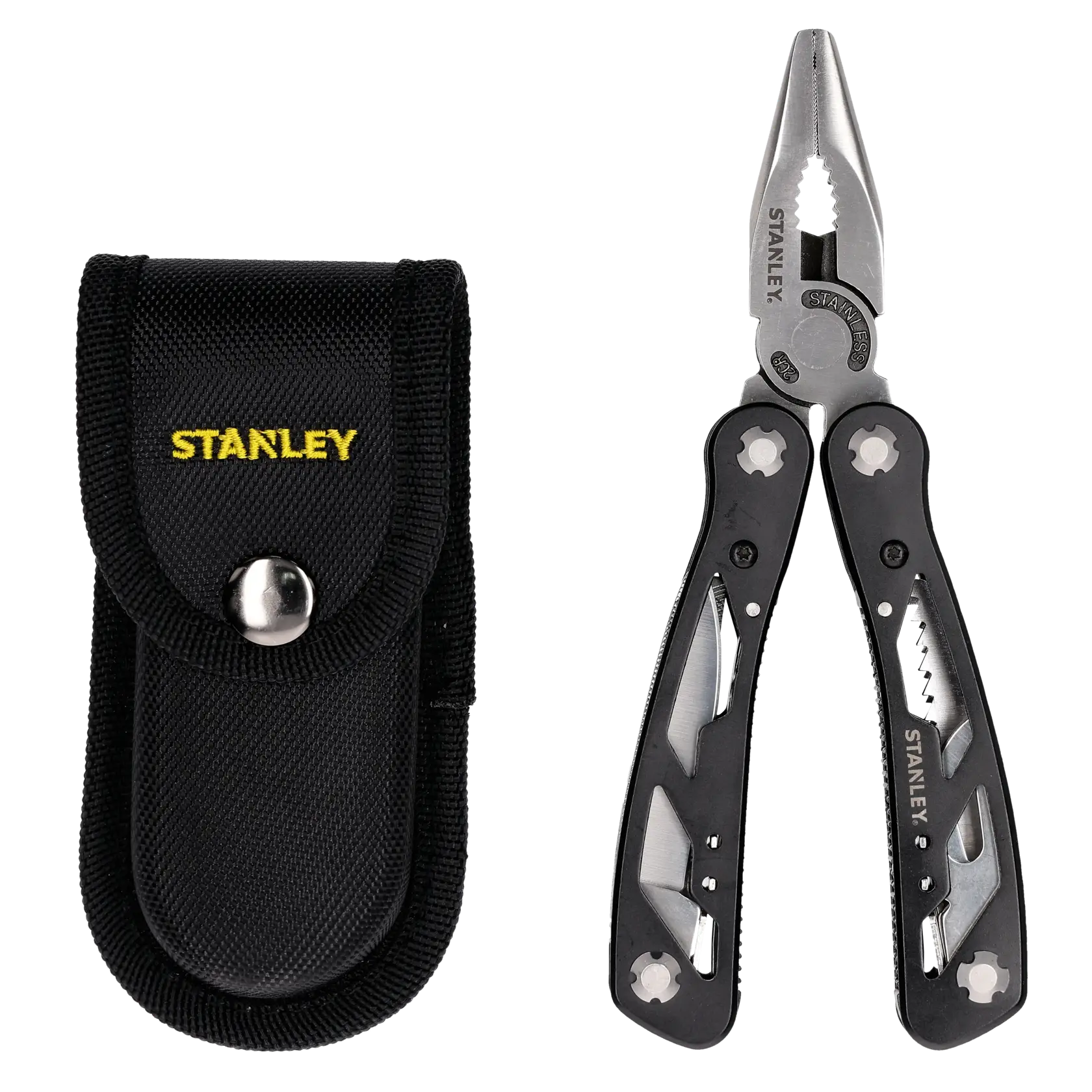 A multi-tool plier with black handles and various integrated tools, shown next to a black fabric carrying pouch with the STANLEY logo in yellow.