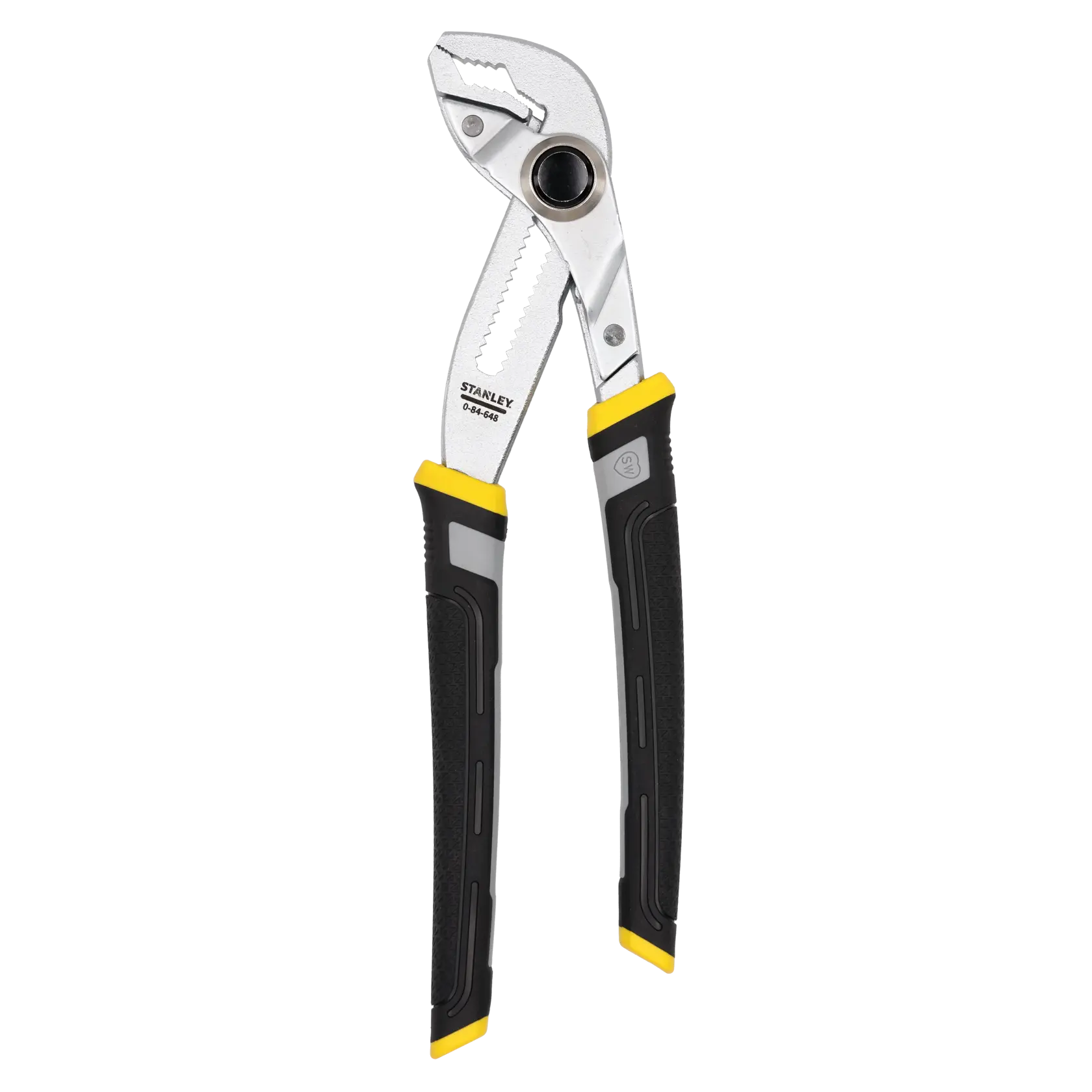Stanley adjustable pliers with black and yellow handles and serrated jaws, suitable for gripping or turning objects.