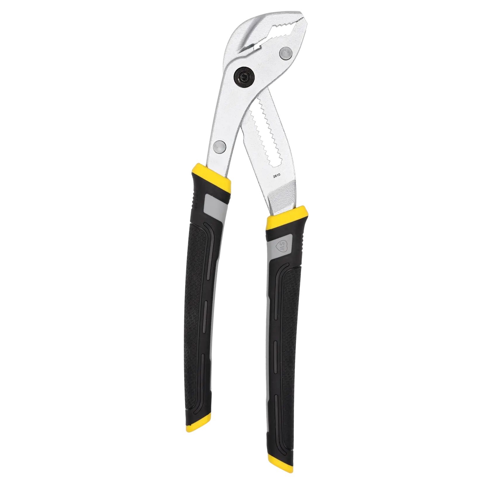 Adjustable grooved joint pliers with black and yellow handles, shown against a white background.