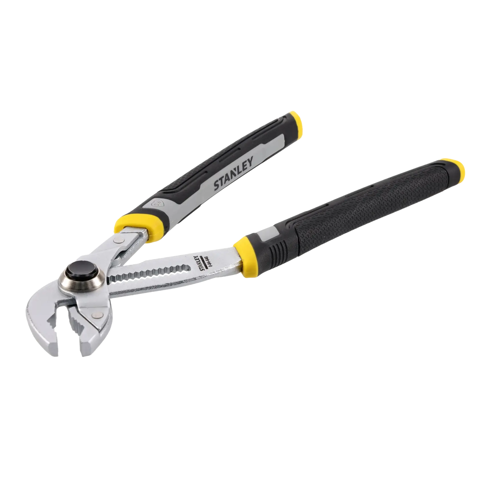 Adjustable groove joint pliers with black and yellow handles, branded Stanley, shown on a white background.