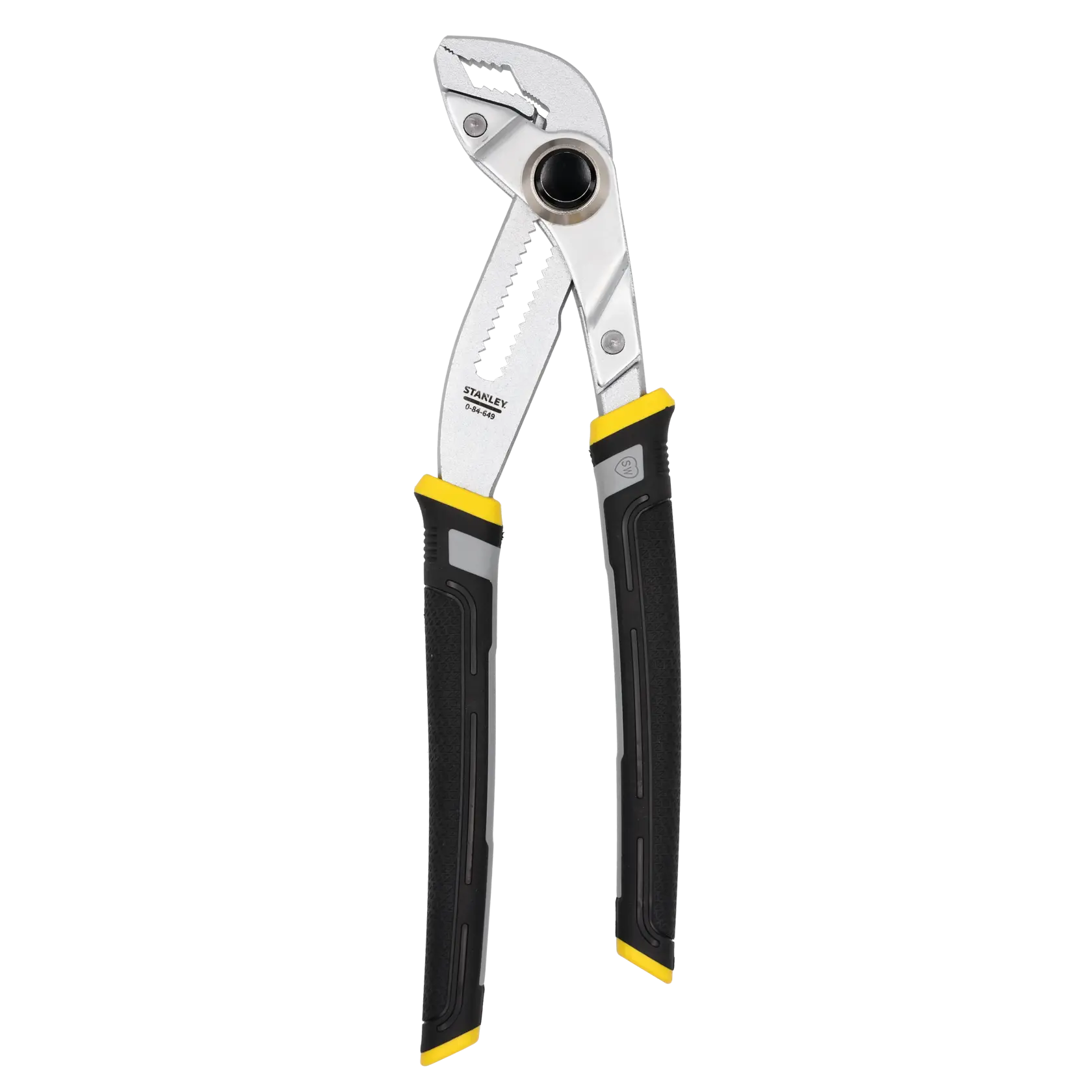 STANLEY 0-84-649 water pump pliers with black and yellow handles, side angle on white background.