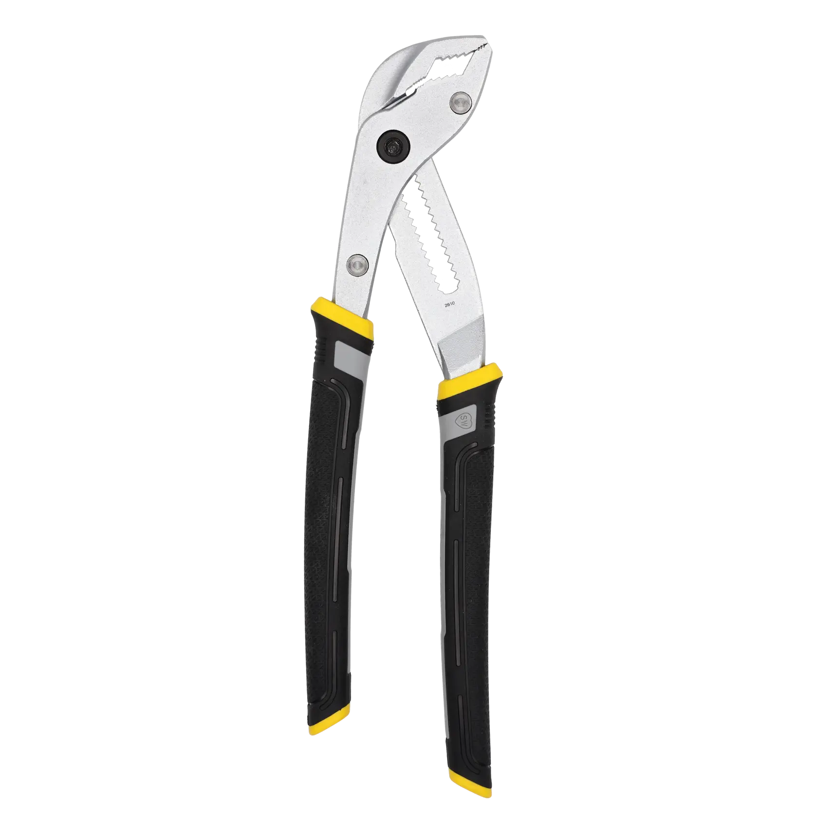 A pair of adjustable groove joint pliers with a metal body and black handles featuring yellow accents, displayed against a white background.