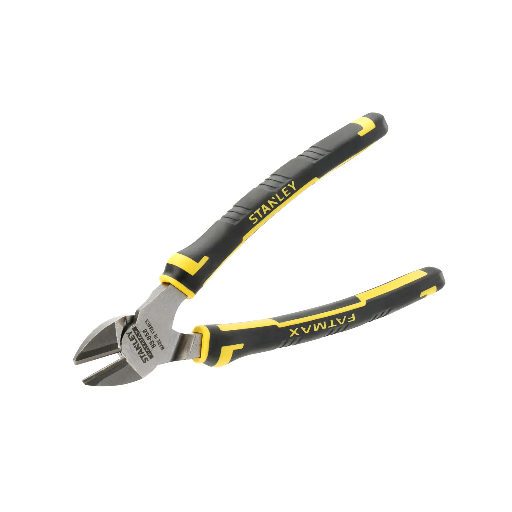 STANLEY 0-89-858 diagonal cutting pliers with black and yellow ergonomic handles, side view on white background.