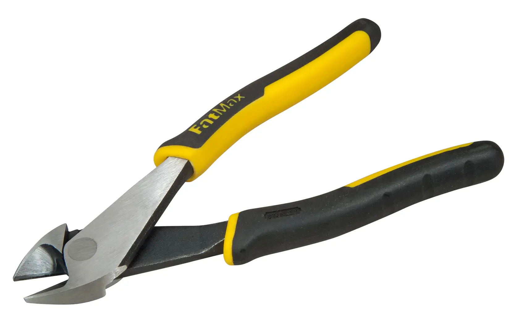 STANLEY 0-89-859 diagonal cutting pliers with yellow and black handles, side view, white background.
