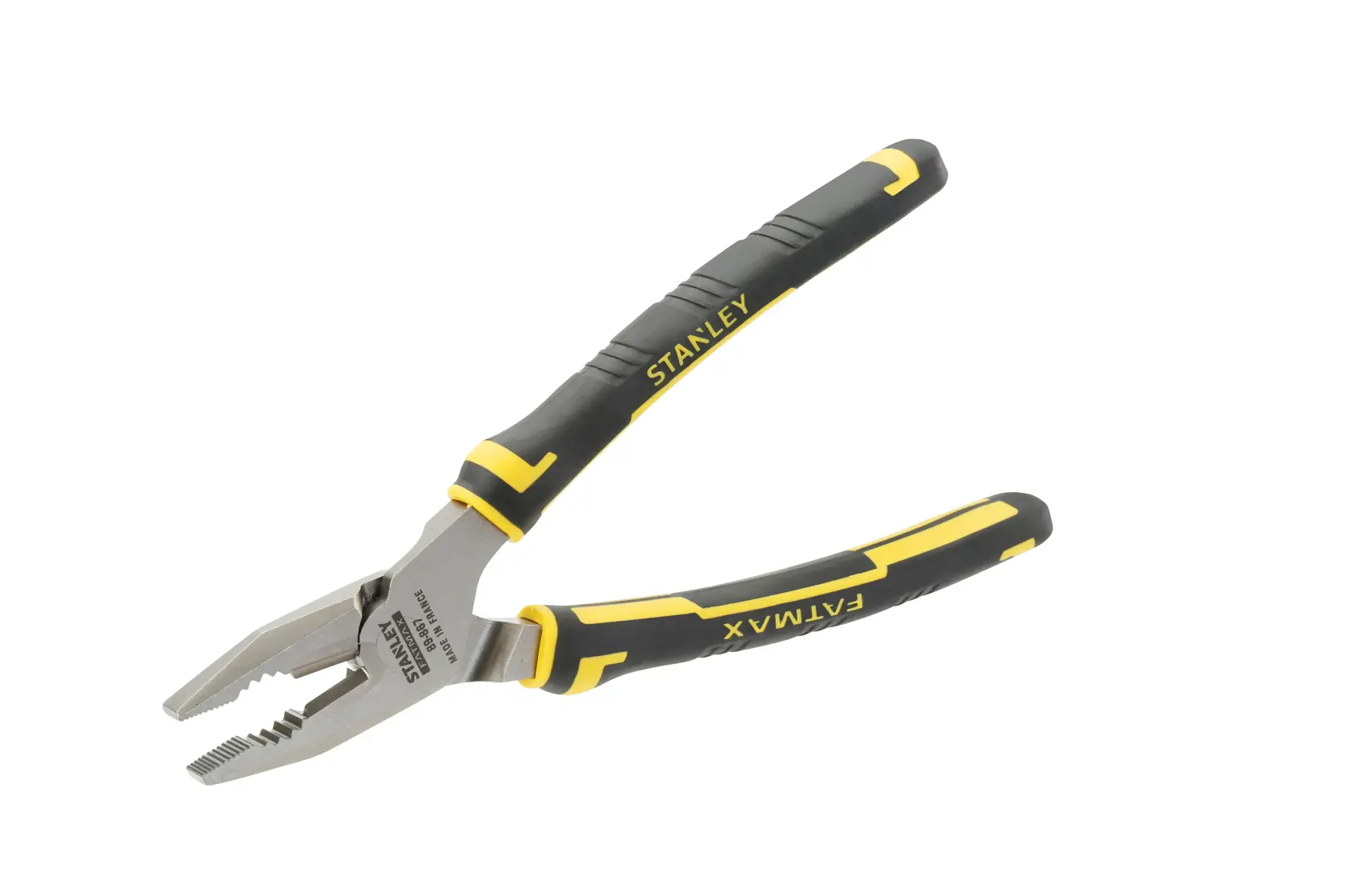 Stanley pliers with black and yellow handles, angled open, isolated on white background.