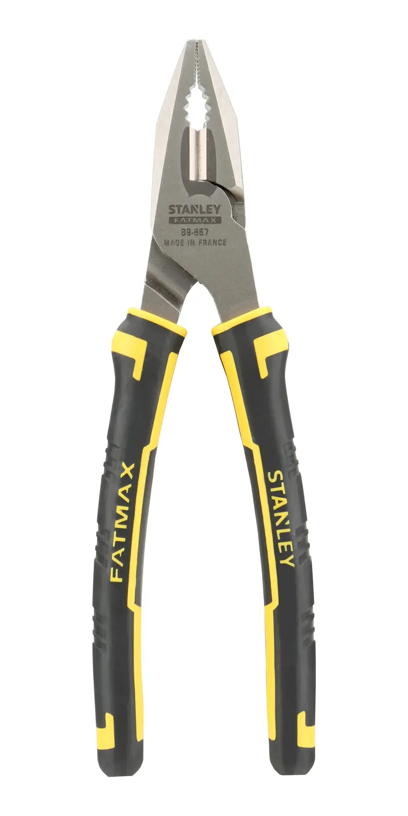 Stanley FatMax combination pliers with black and yellow handles, suitable for gripping and cutting tasks.