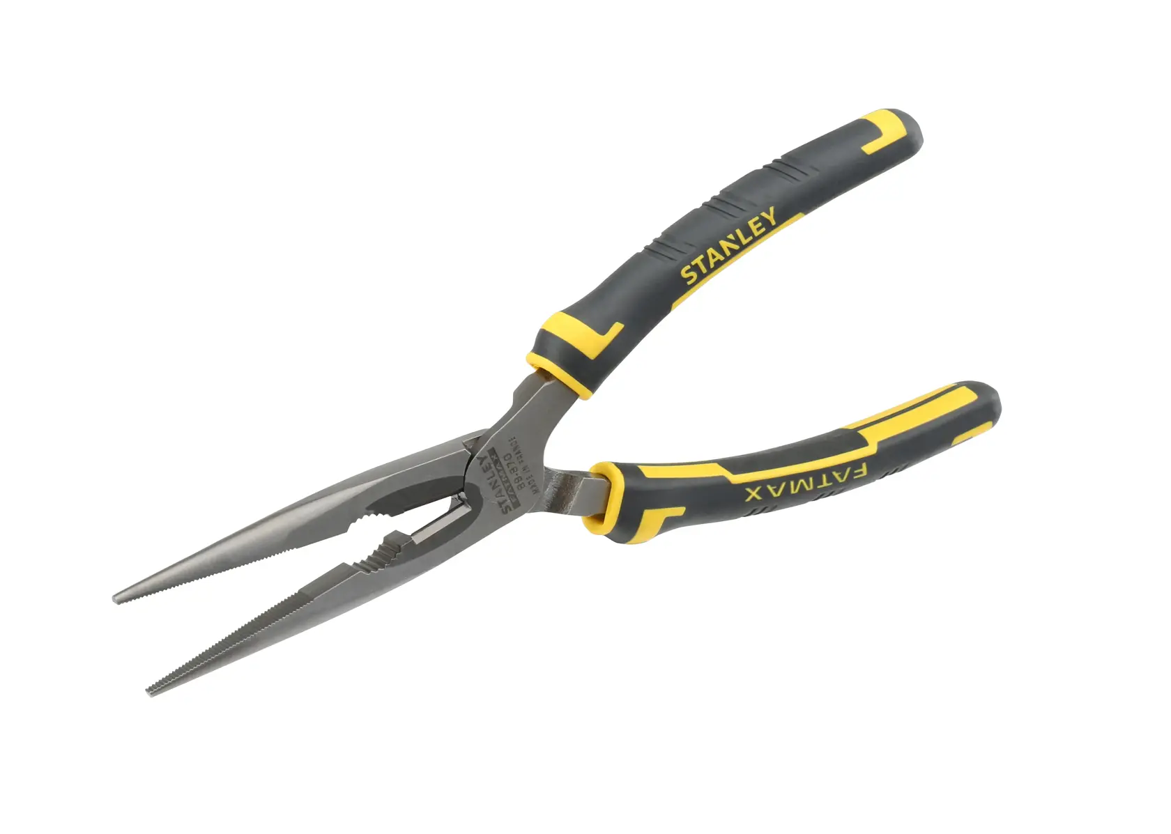 Stanley long nose pliers with black and yellow handles. Tool for gripping and cutting wires.