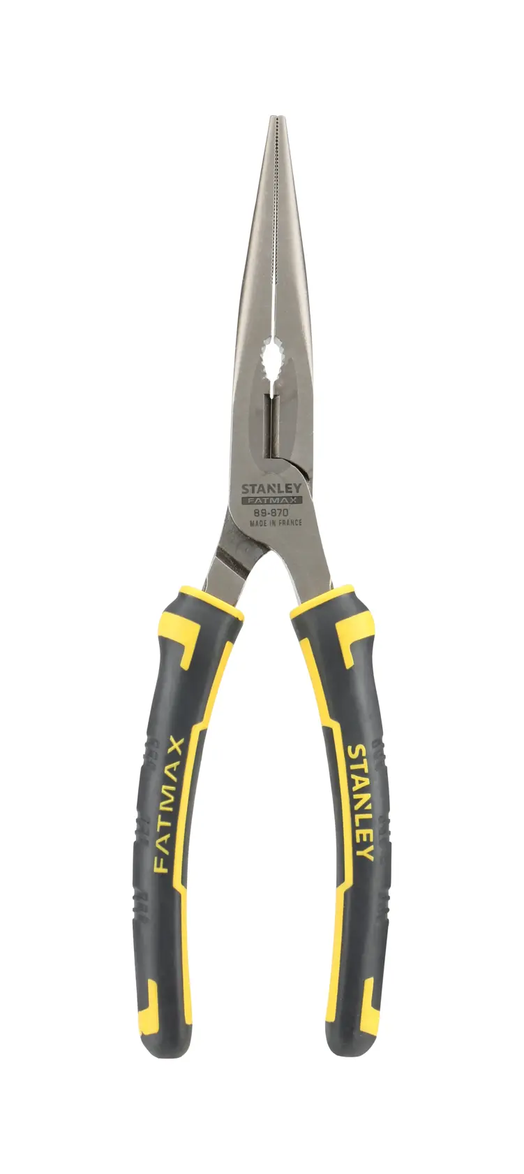 STANLEY 0-89-870 long nose pliers, black and yellow handles, front angle, white background.