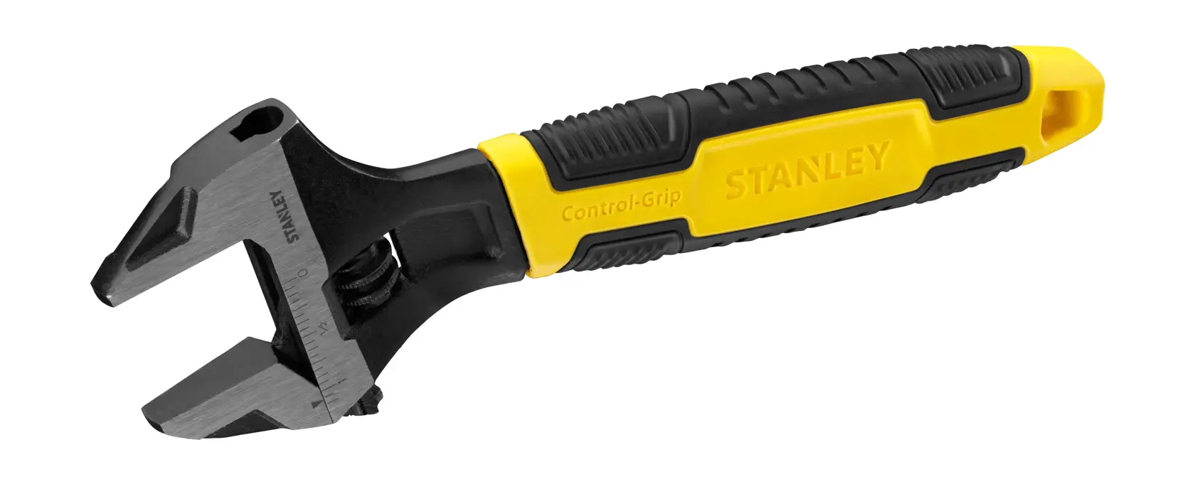 Stanley adjustable wrench with yellow and black ergonomic handle, designed for secure grip and versatile use.
