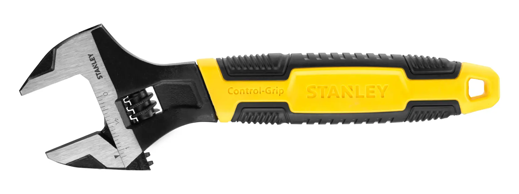 STANLEY adjustable wrench with a black and yellow control-grip handle.