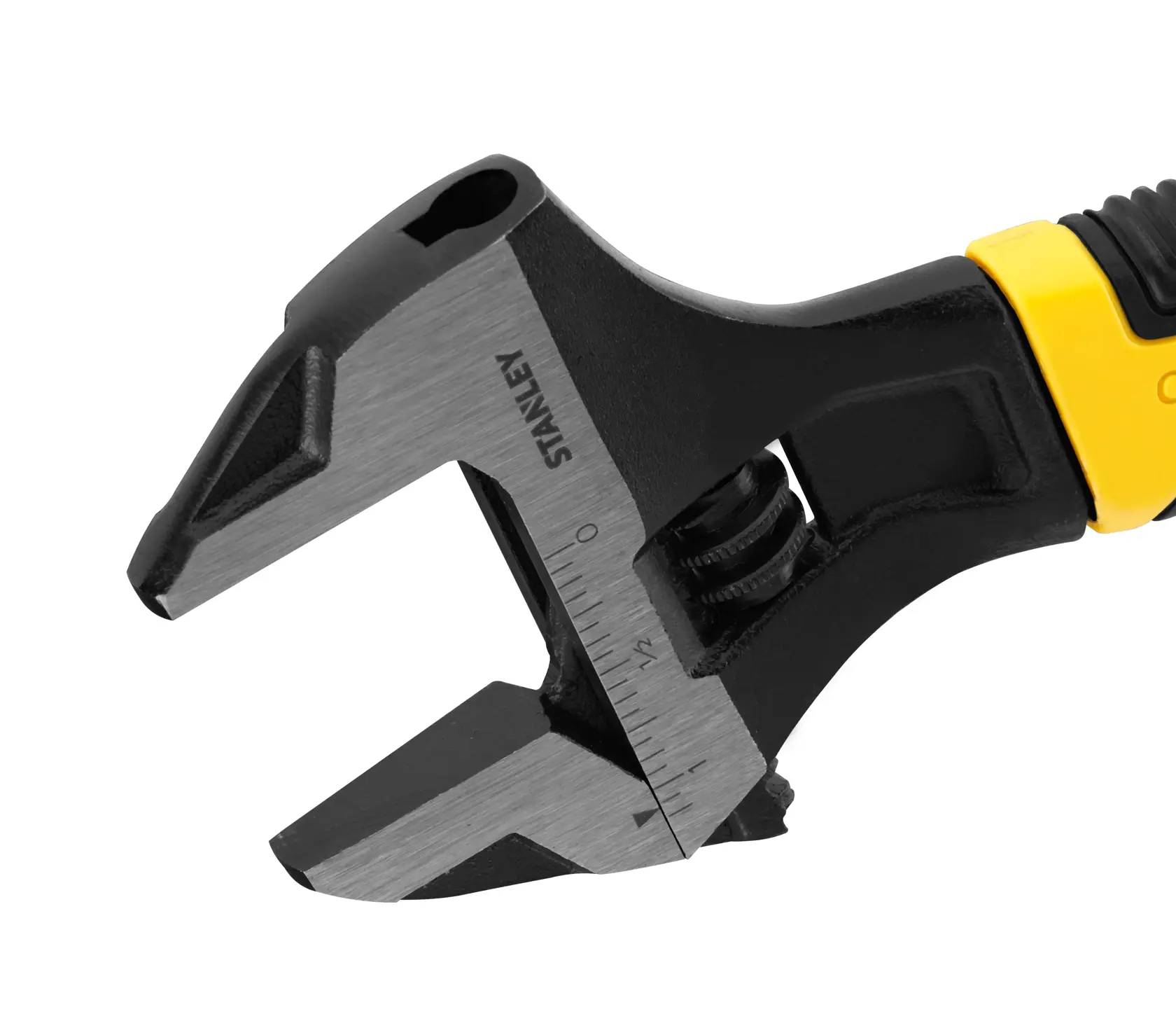 Close-up of a STANLEY adjustable wrench with black and yellow handle and measurement markings on the jaw.