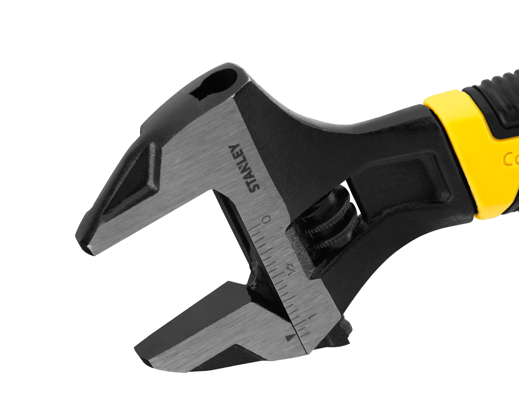 Close-up of a Stanley adjustable wrench with measurement scale and yellow handle on a white background.