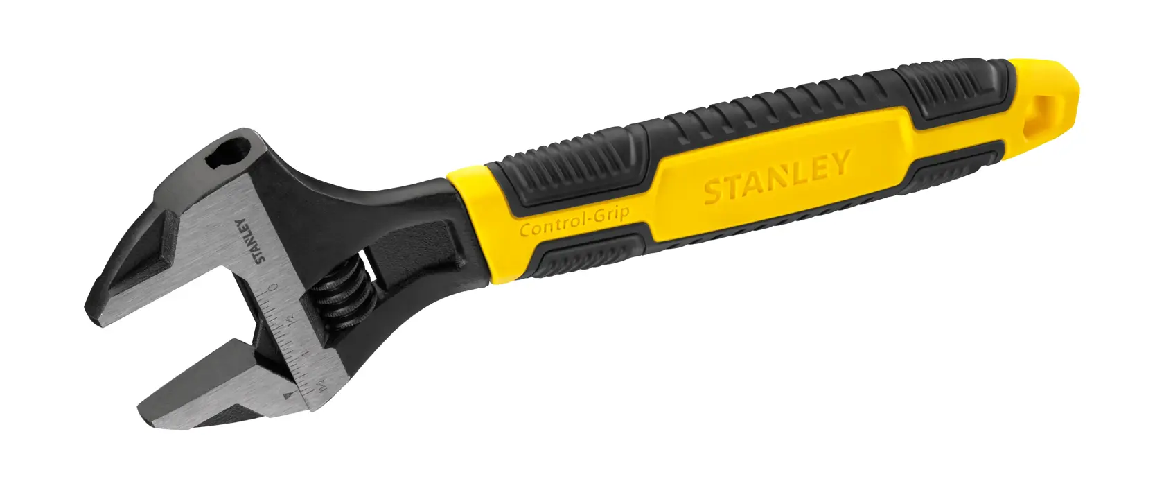 Stanley adjustable wrench with a yellow and black grip handle, shown on a white background.