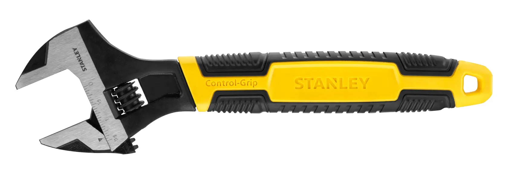 Stanley adjustable wrench with yellow and black ergonomic handle, Control-Grip, metal jaws, isolated on white.