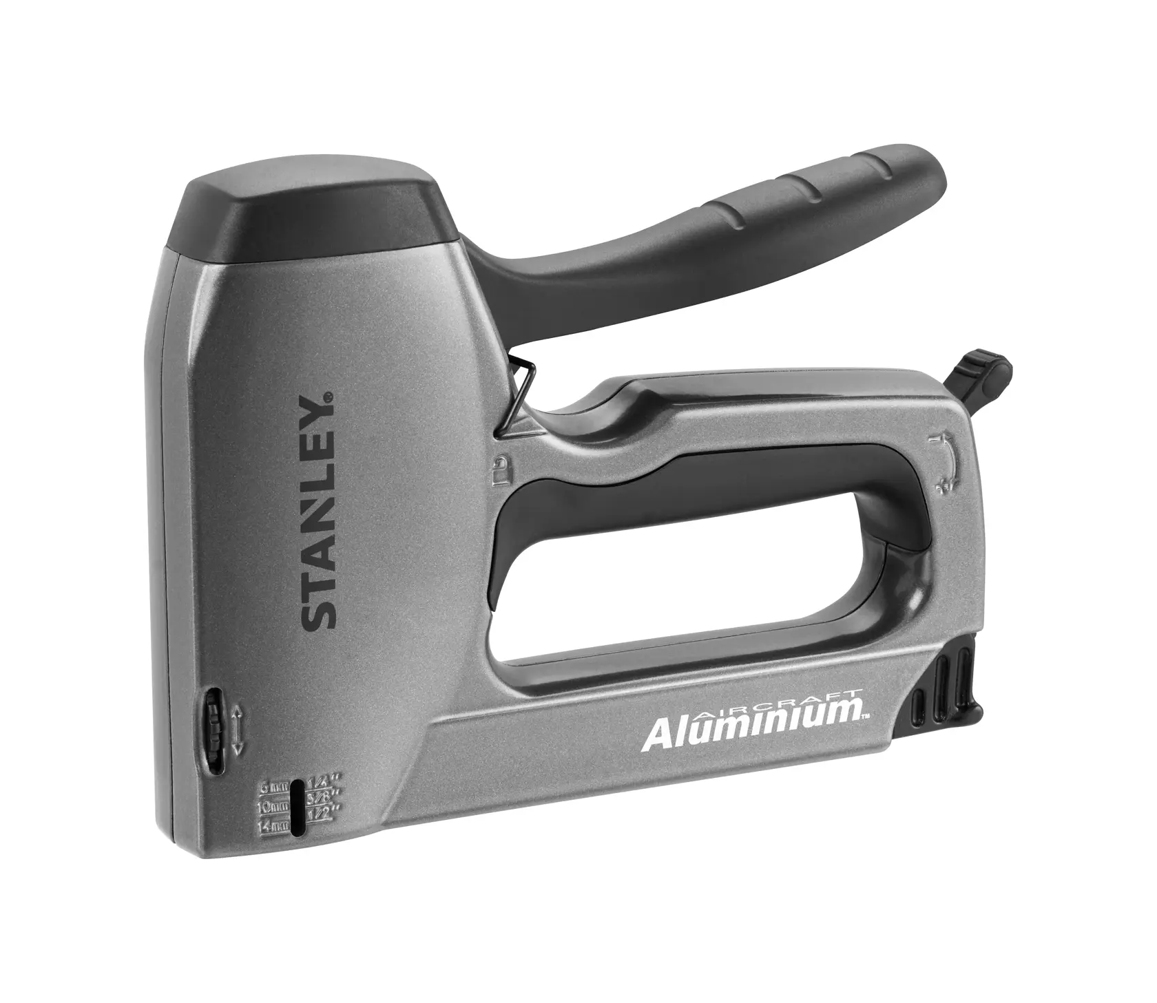 STANLEY TR250 stapler, silver and black, side angle on white background, aluminum construction, ergonomic handle.
