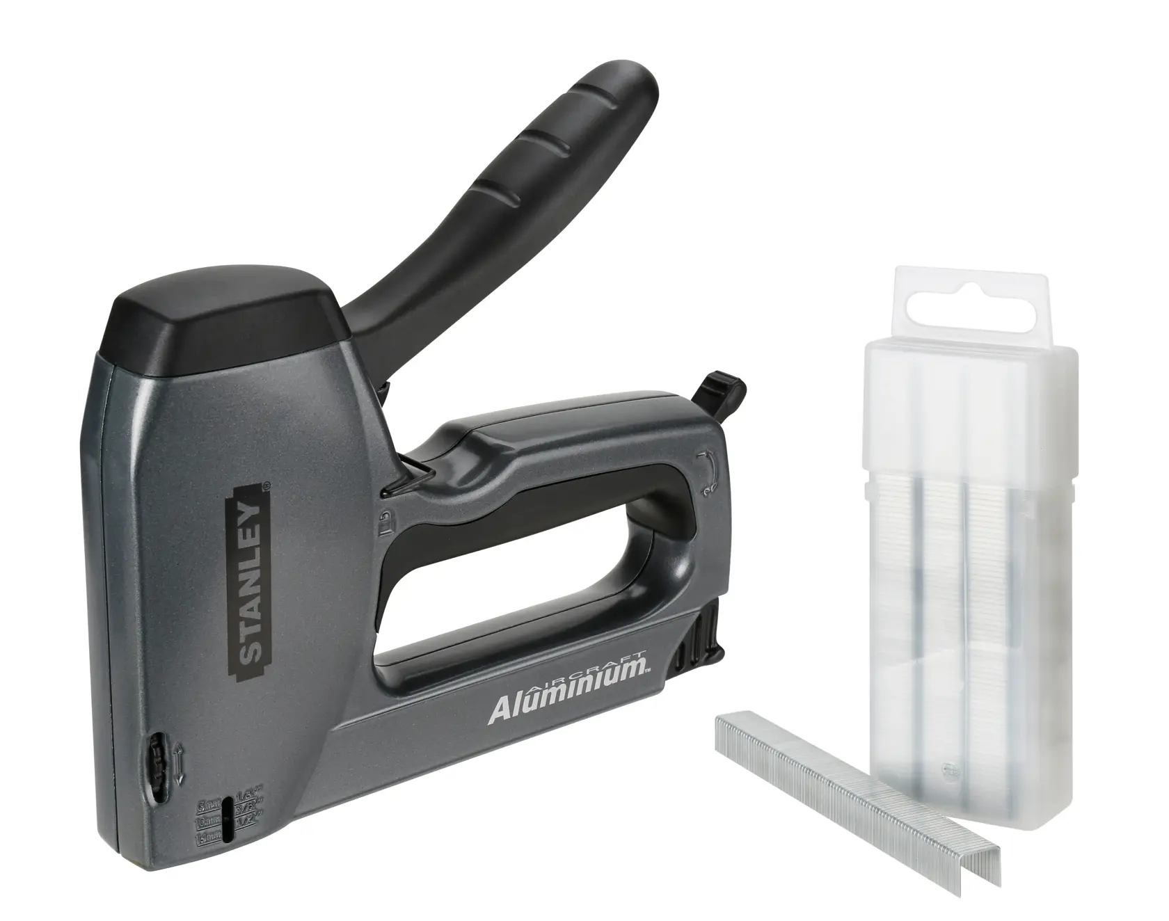 STANLEY TR250 aluminum staple gun with staple pack, side angle on white background.