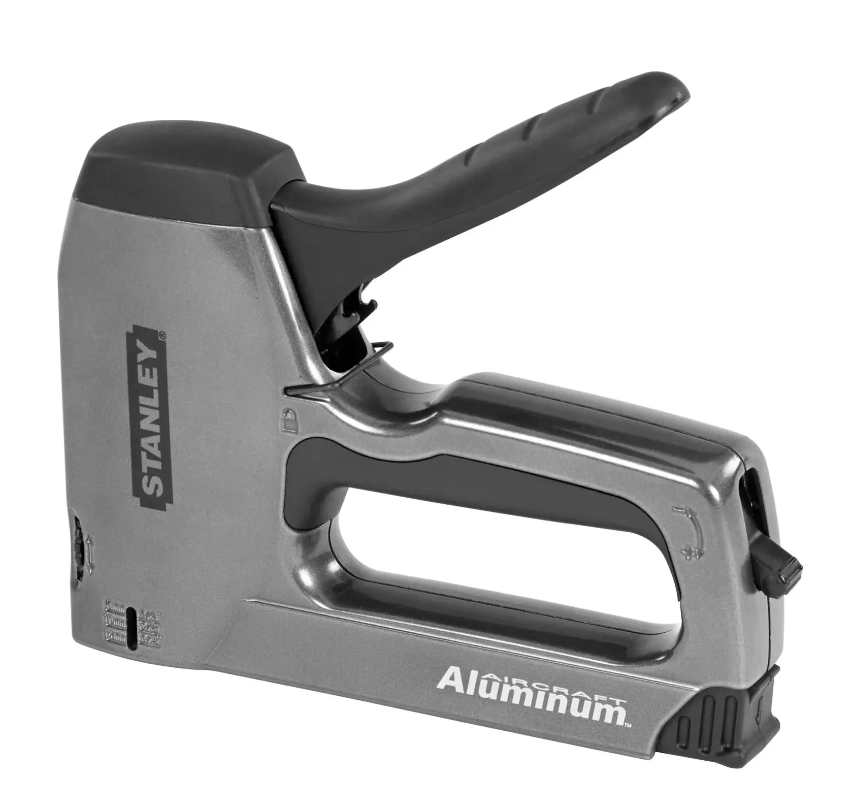 STANLEY TR250 staple gun side view, silver aluminum body with black handle, white background.