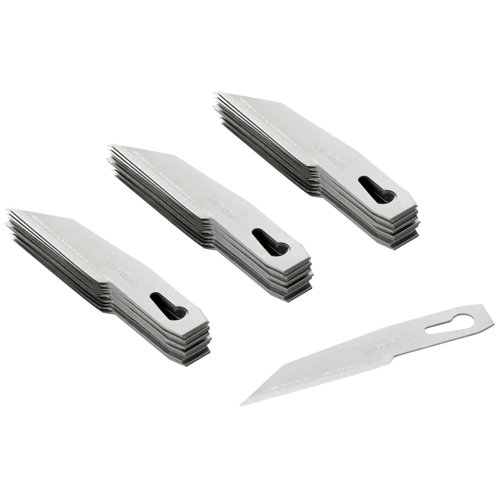 STANLEY 1-11-221 replacement utility knife blades, 4 stacks of silver blades shown on white background.