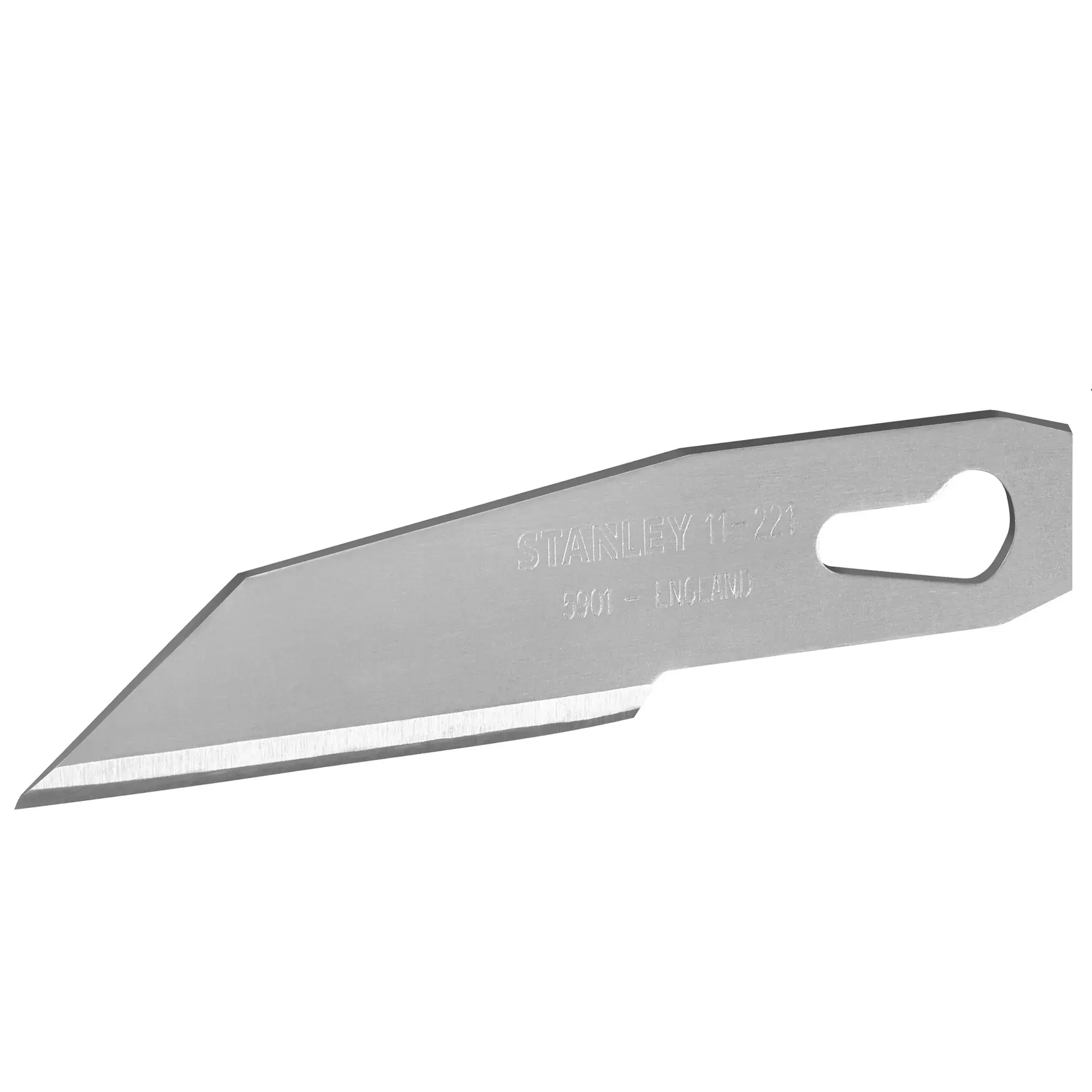 STANLEY 1-11-221 straight-edged utility knife blade, silver steel, side angle, white background.