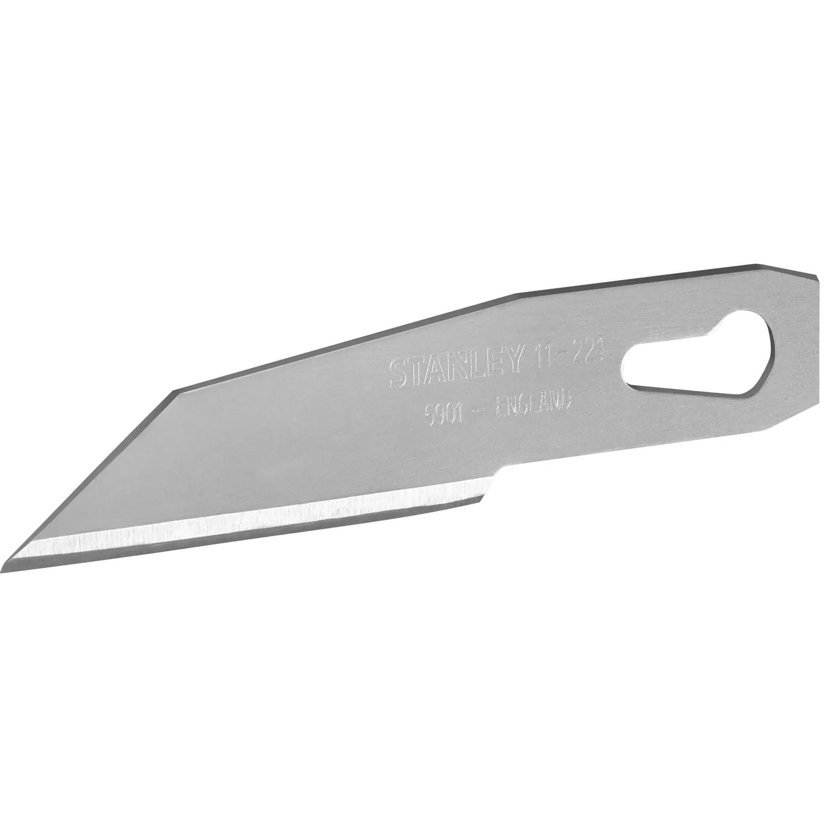 Stanley utility knife blade, SKU 1-11-221, angled shape, silver metal, used for precision cutting tasks.