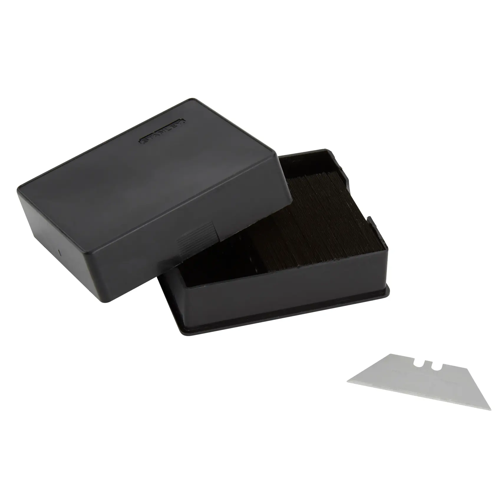 STANLEY 1-11-911 utility knife blades in black storage box, one blade displayed outside, angled view.
