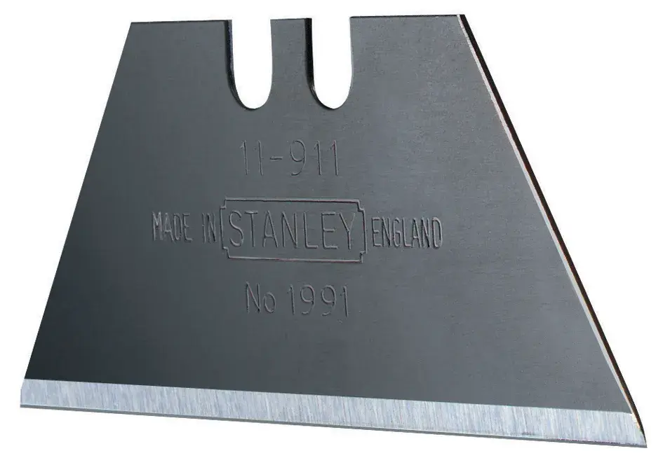 STANLEY 1-11-911 utility knife blade, silver metal, side angle on white background.