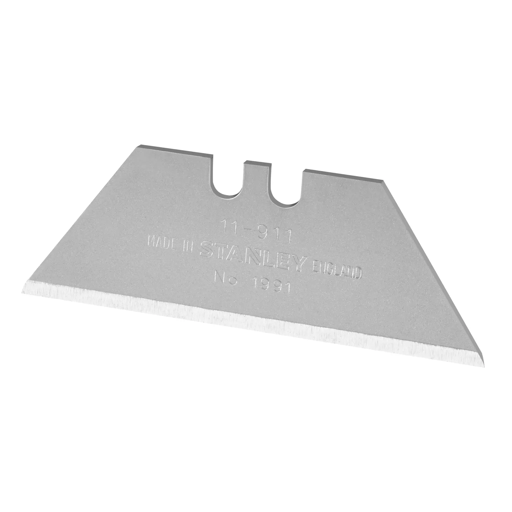 STANLEY 1-11-911 utility knife blade, silver, straight-on angle, photography product category.