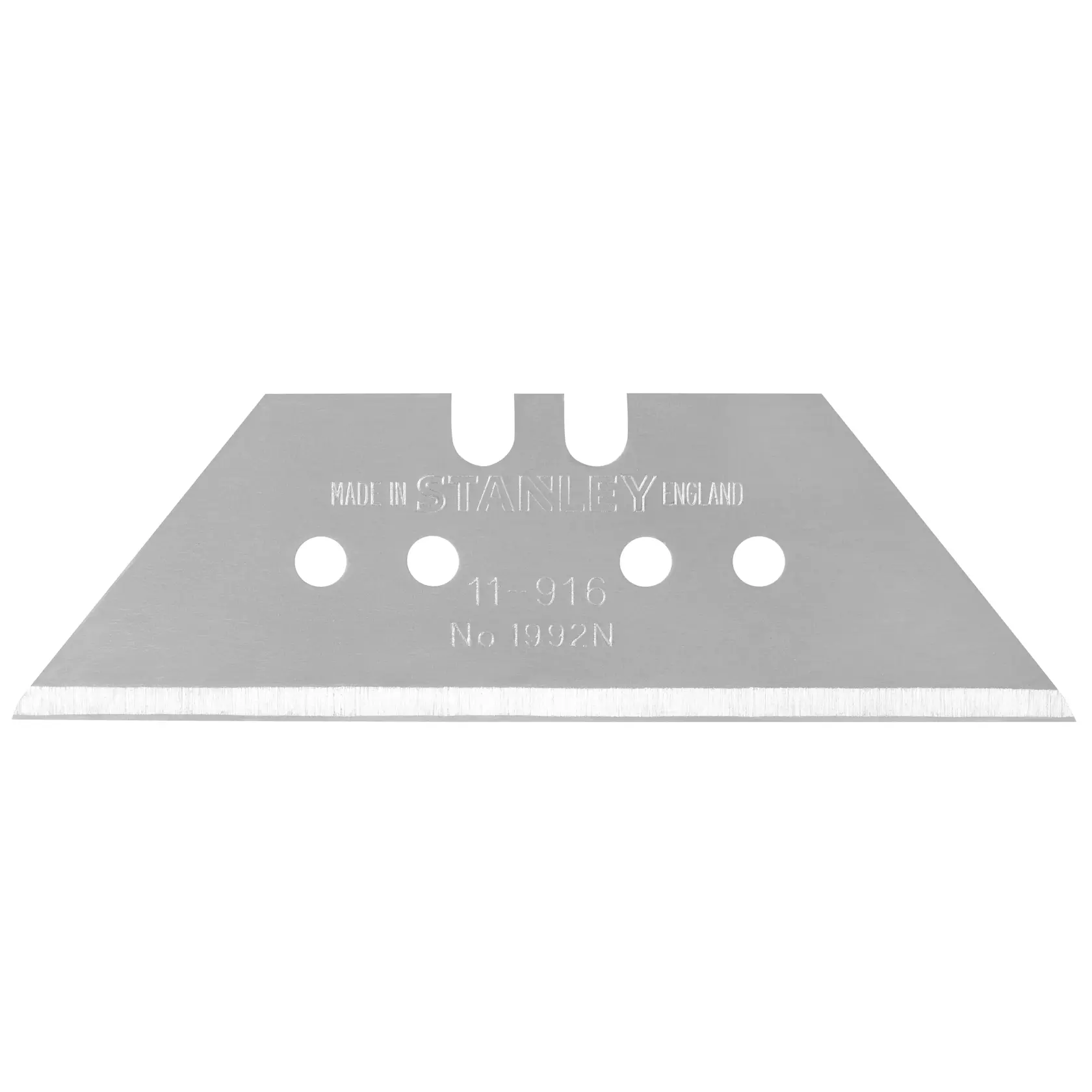 STANLEY 1-11-916 utility knife blade, silver, straight angle, close-up on white background.