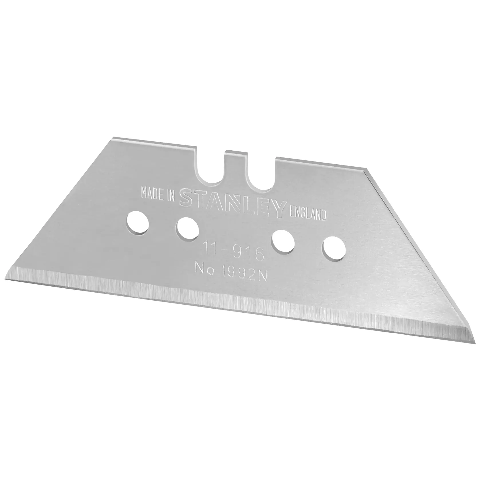 Photo of STANLEY SKU 1-11-916 utility knife blade, silver with three holes, side angle on white background.